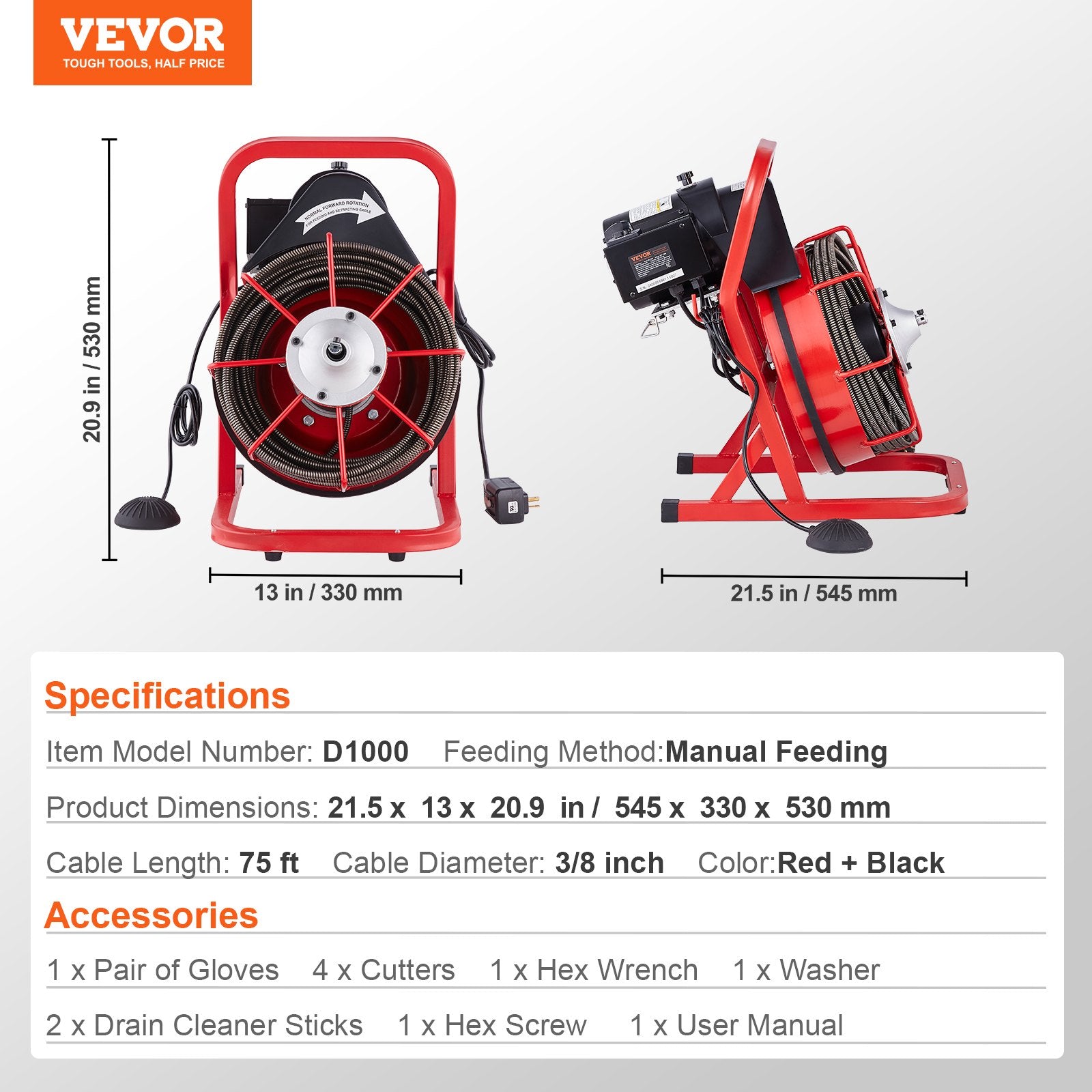 Automotive Repair & Speciality Tools: VEVOR Drain Cleaner Machine Drain Auger 75FT x 3/8 Inch Manual Feed & 4 Cutters