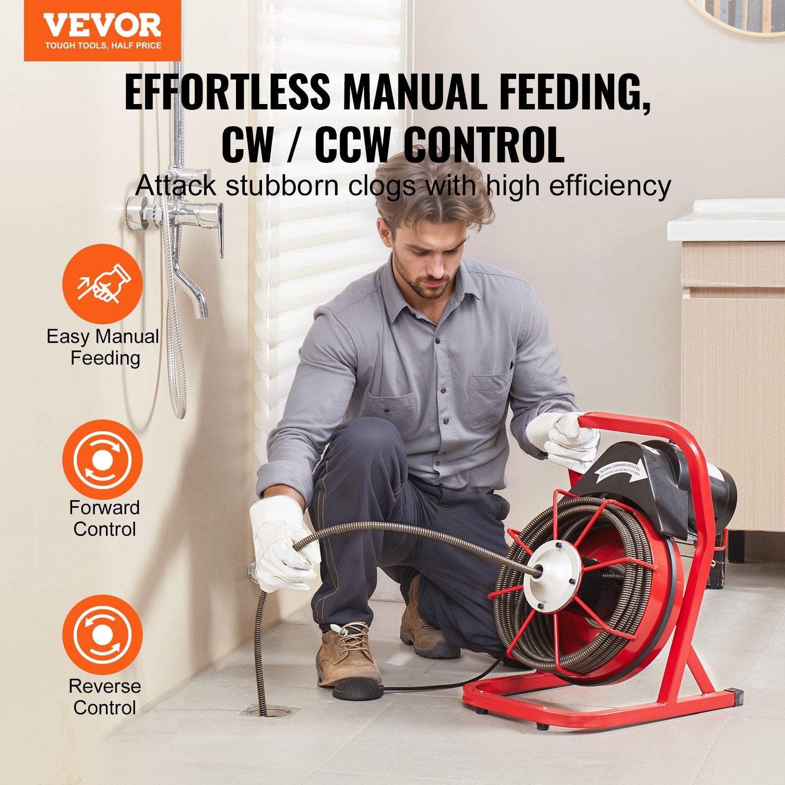 Automotive Repair & Speciality Tools: VEVOR Drain Cleaner Machine Drain Auger 50FT x 1/2 Inch Manual Feed & 4 Cutters