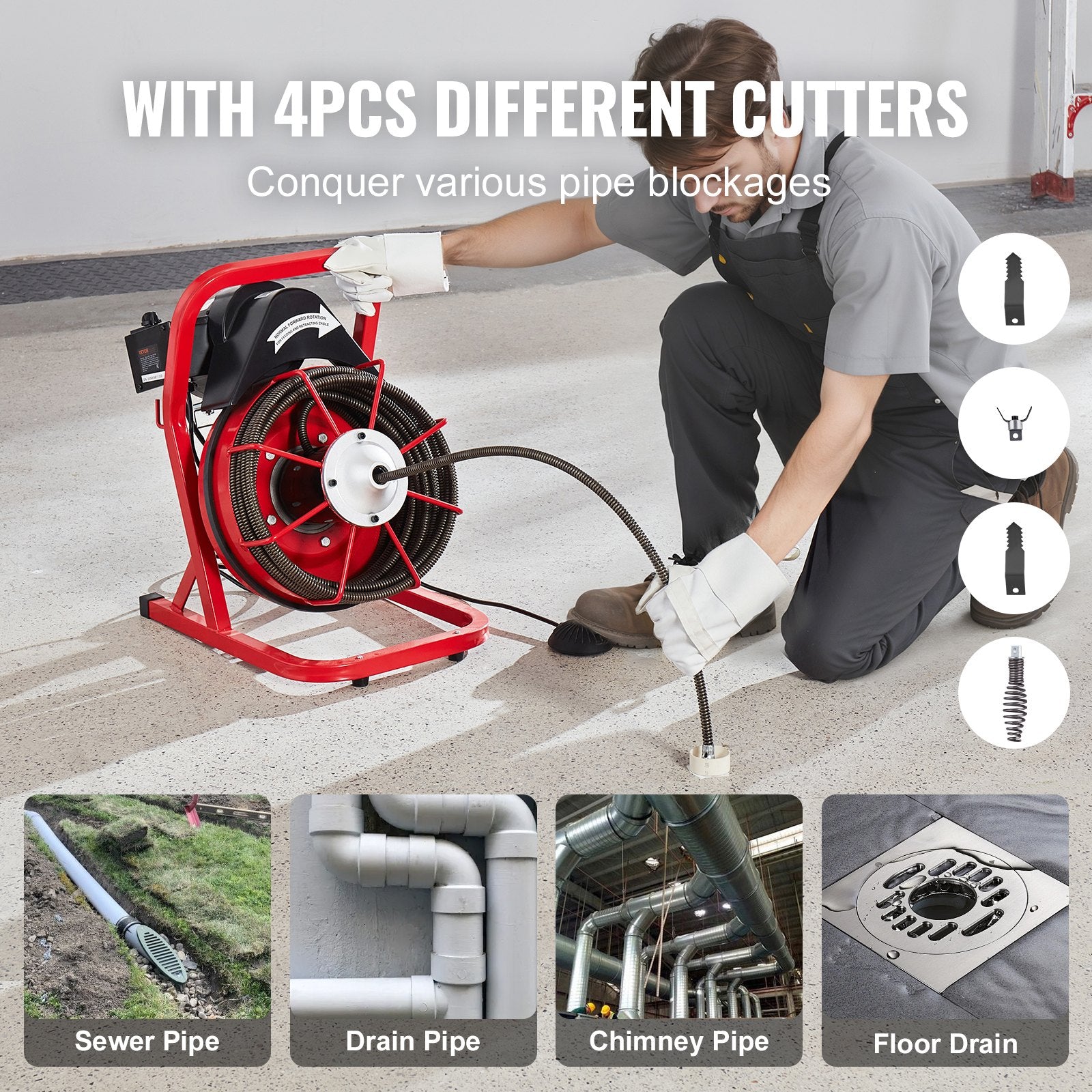 Automotive Repair & Speciality Tools: VEVOR Drain Cleaner Machine Drain Auger 50FT x 1/2 Inch Manual Feed & 4 Cutters