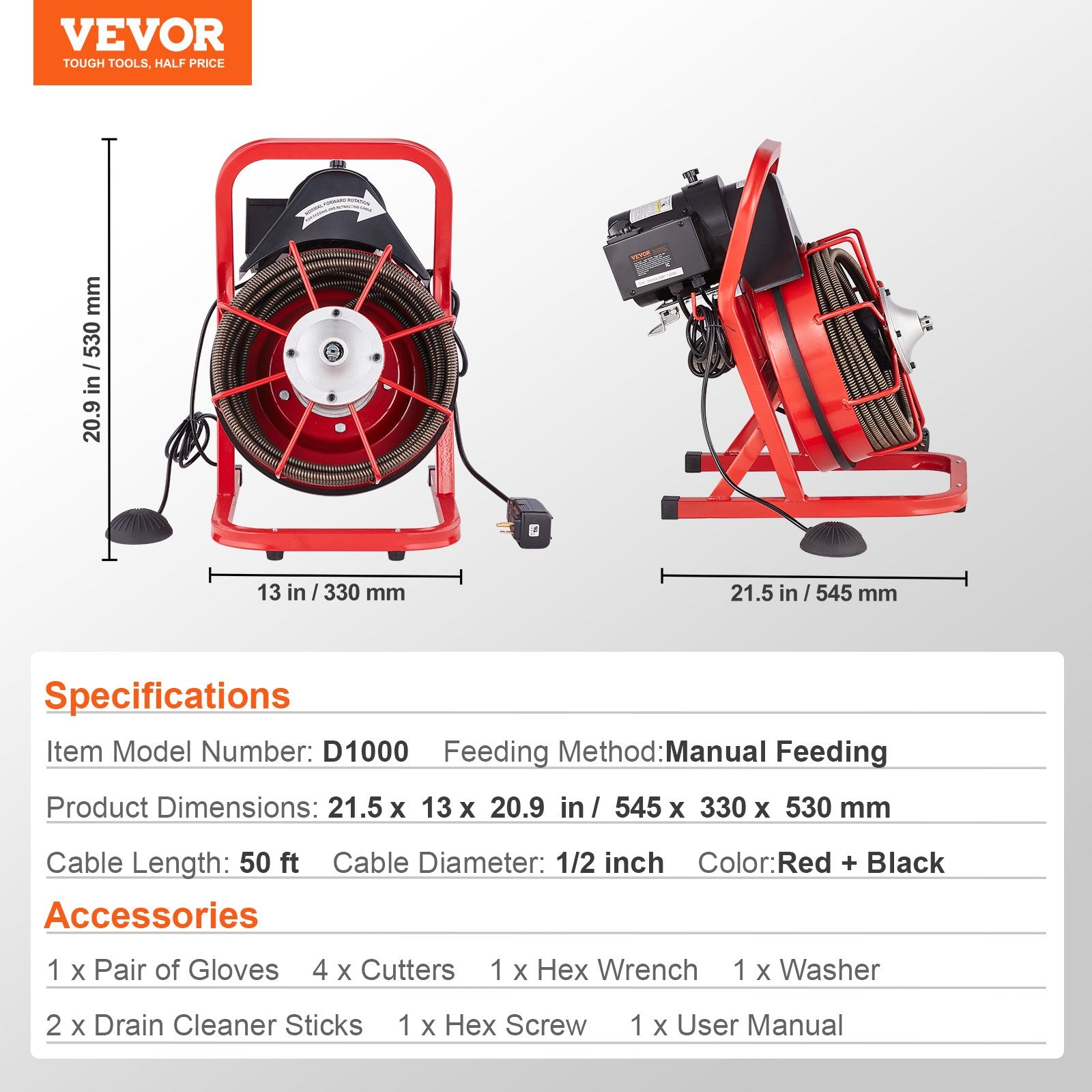 Automotive Repair & Speciality Tools: VEVOR Drain Cleaner Machine Drain Auger 50FT x 1/2 Inch Manual Feed & 4 Cutters