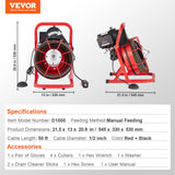 Automotive Repair & Speciality Tools: VEVOR Drain Cleaner Machine Drain Auger 50FT x 1/2 Inch Manual Feed & 4 Cutters