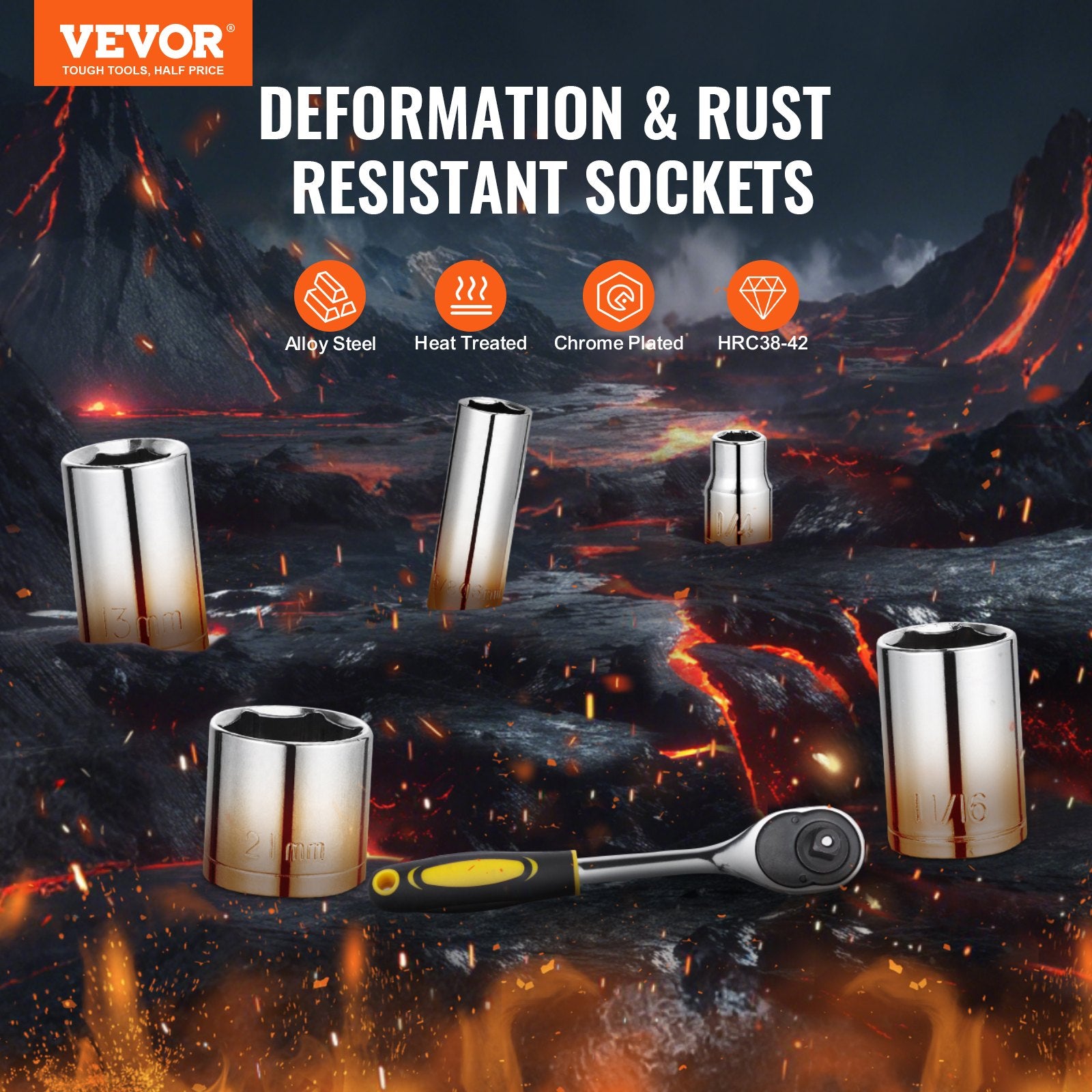 Tool Sockets: VEVOR 207-Piece Mechanics Tool Set 1/4" 3/8" 1/2" Drive Sockets SAE and Metric