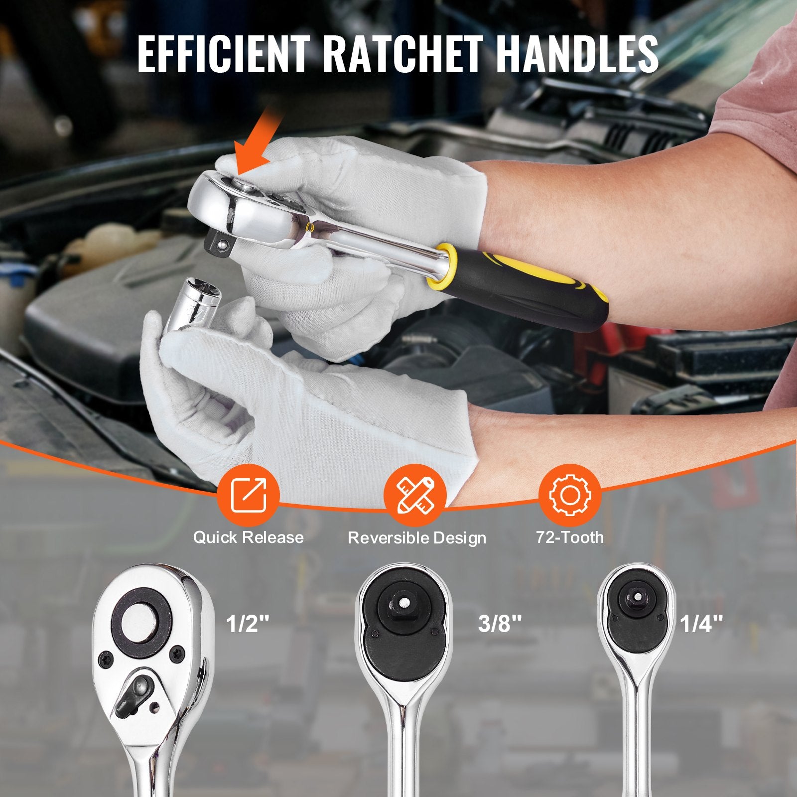 Tool Sockets: VEVOR 207-Piece Mechanics Tool Set 1/4" 3/8" 1/2" Drive Sockets SAE and Metric