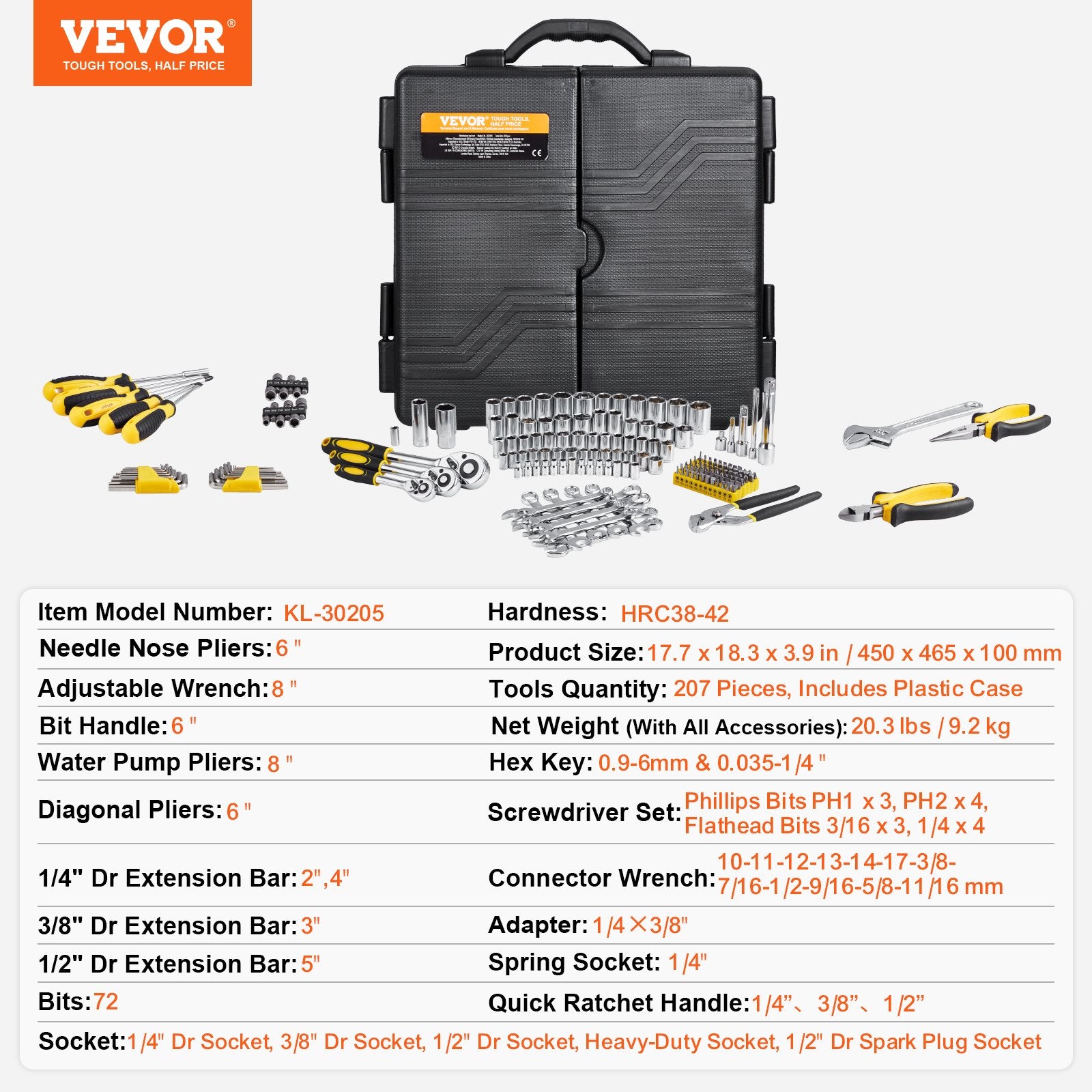 Tool Sockets: VEVOR 207-Piece Mechanics Tool Set 1/4" 3/8" 1/2" Drive Sockets SAE and Metric