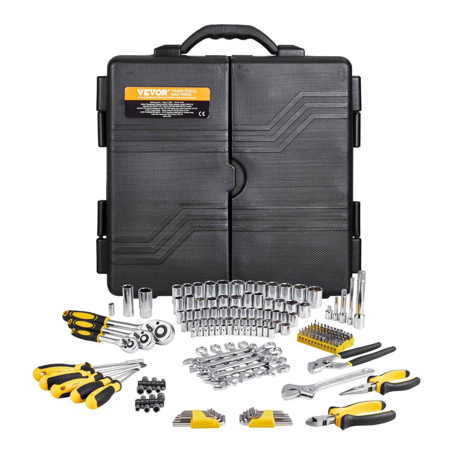 Tool Sockets: VEVOR 207-Piece Mechanics Tool Set 1/4" 3/8" 1/2" Drive Sockets SAE and Metric