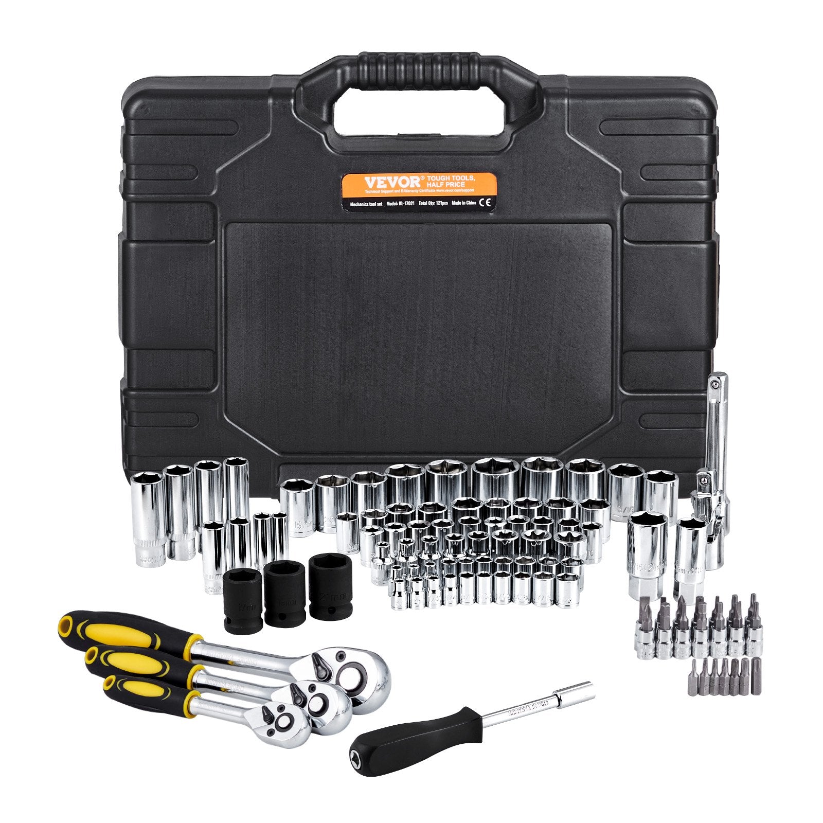 Tool Sockets: VEVOR 121-Piece Mechanics Tool Set 1/4" 3/8" 1/2" Drive Sockets SAE and Metric