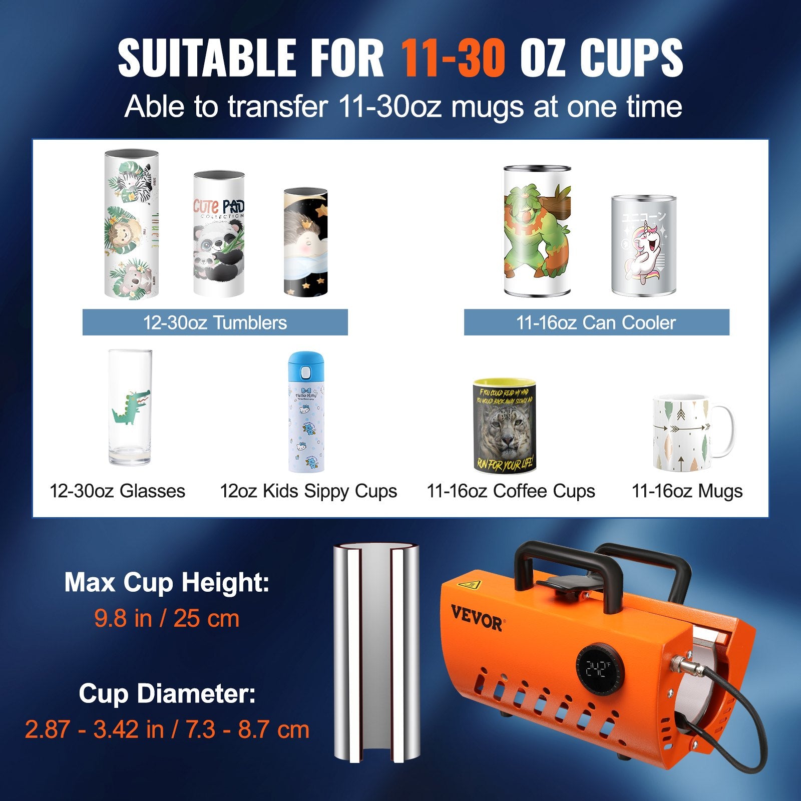 Disposable Cups: VEVOR Mug Heat Press, 30oz Tumbler Heat Press Machine, Sublimation Transfer 11-15oz 16-25oz 30oz Straight Skinny Tumblers, Cup Heat Press with Heat-resist Gloves & Tape, DIY Ceramic Mugs Cups Glasses