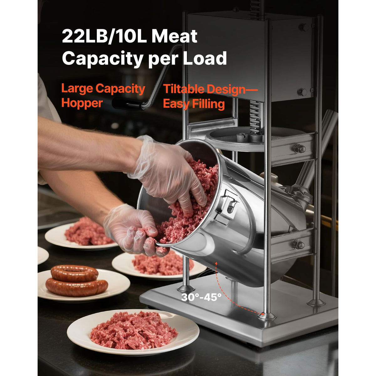 Manual Sausage Stuffer, 22 LBS / 10 L Vertical Meat Stuffer, Dual-Speed Sausage Casing Meat Filling Machine, Stainless Steel Heavy Duty Filler with 5 Stuffing Tubes, for Commercial & Home Use