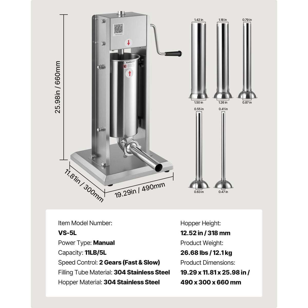 Manual Sausage Stuffer, 11 LBS / 5 L Vertical Meat Stuffer, Dual-Speed Sausage Casing Meat Filling Machine, Stainless Steel Heavy Duty Filler with 5 Stuffing Tubes, for Commercial & Home Use