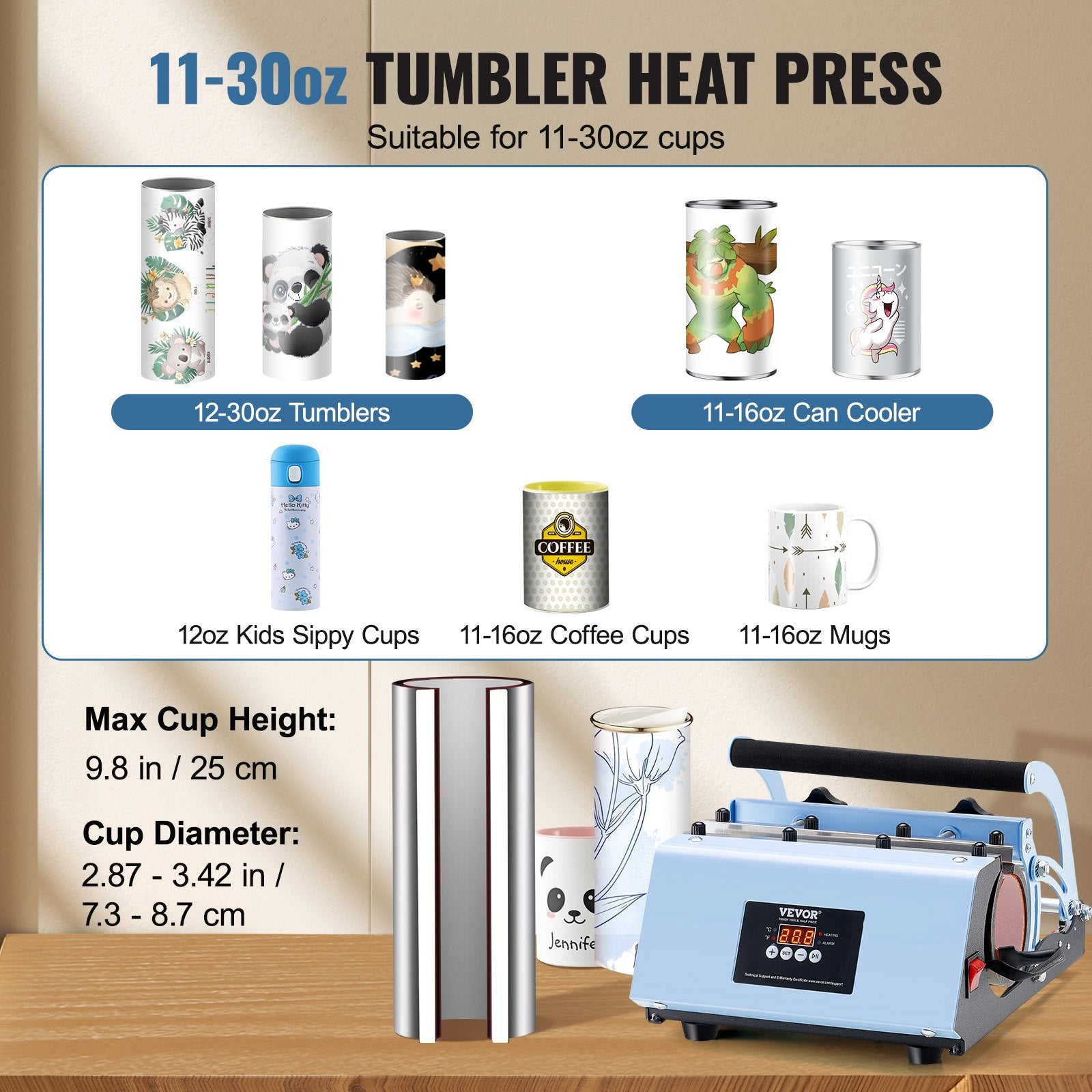 Drinkware: VEVOR Tumbler Heat Press Machine 11-30oz Mug Press Sublimation Tumblers Blue