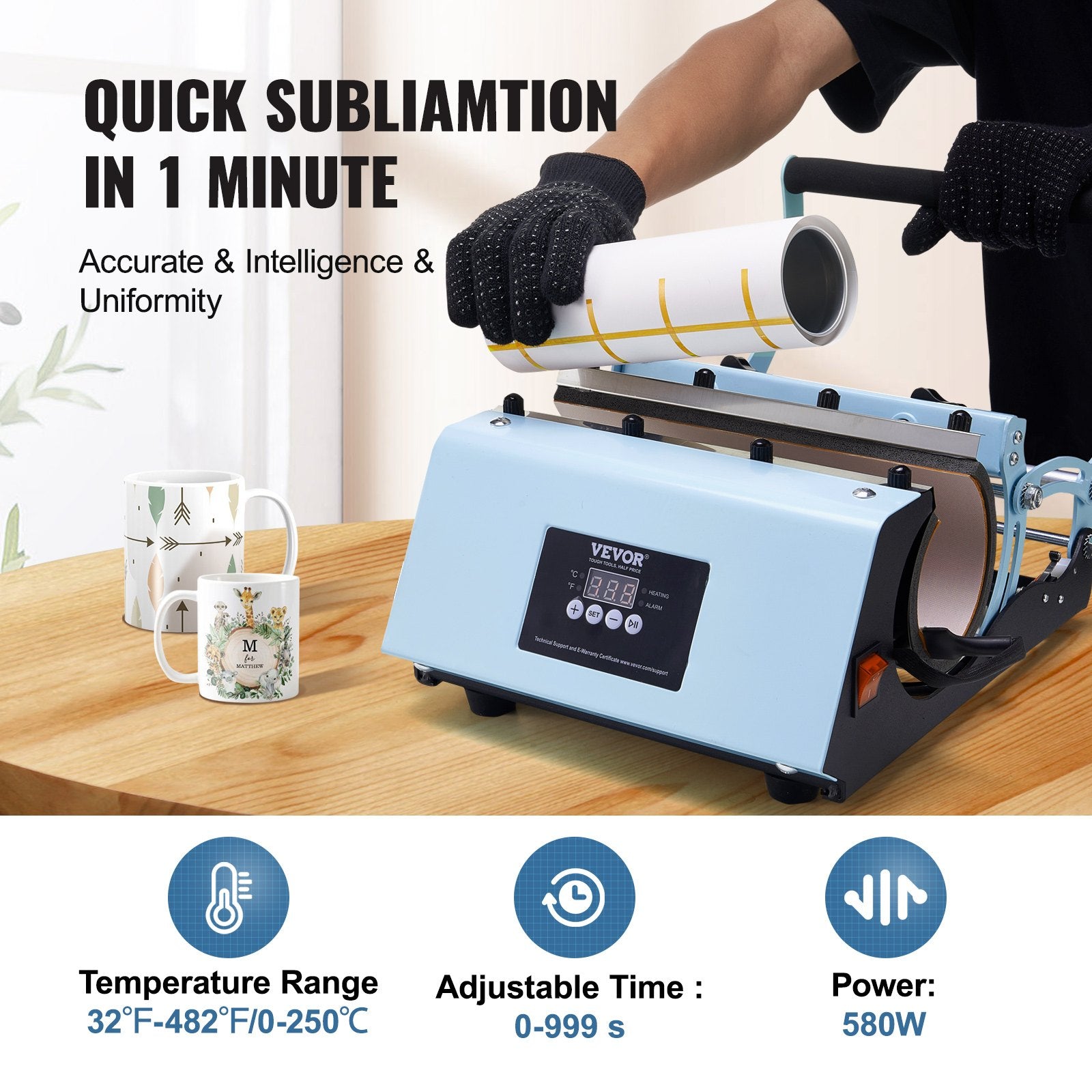 Drinkware: VEVOR Tumbler Heat Press Machine 11-30oz Mug Press Sublimation Tumblers Blue