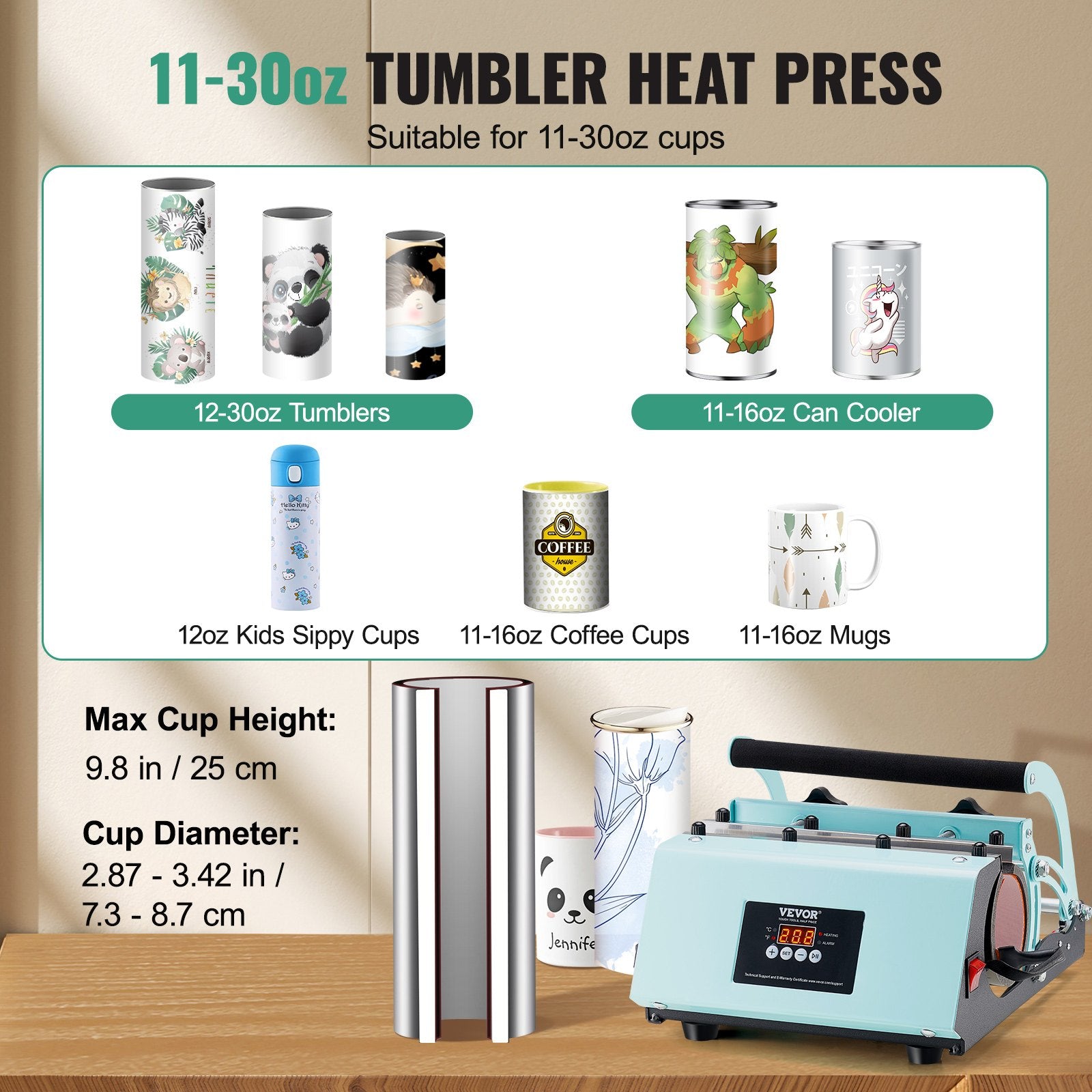 Disposable Cups: VEVOR Tumbler Heat Press Machine 11-30oz Mug Press Sublimation Tumblers Green