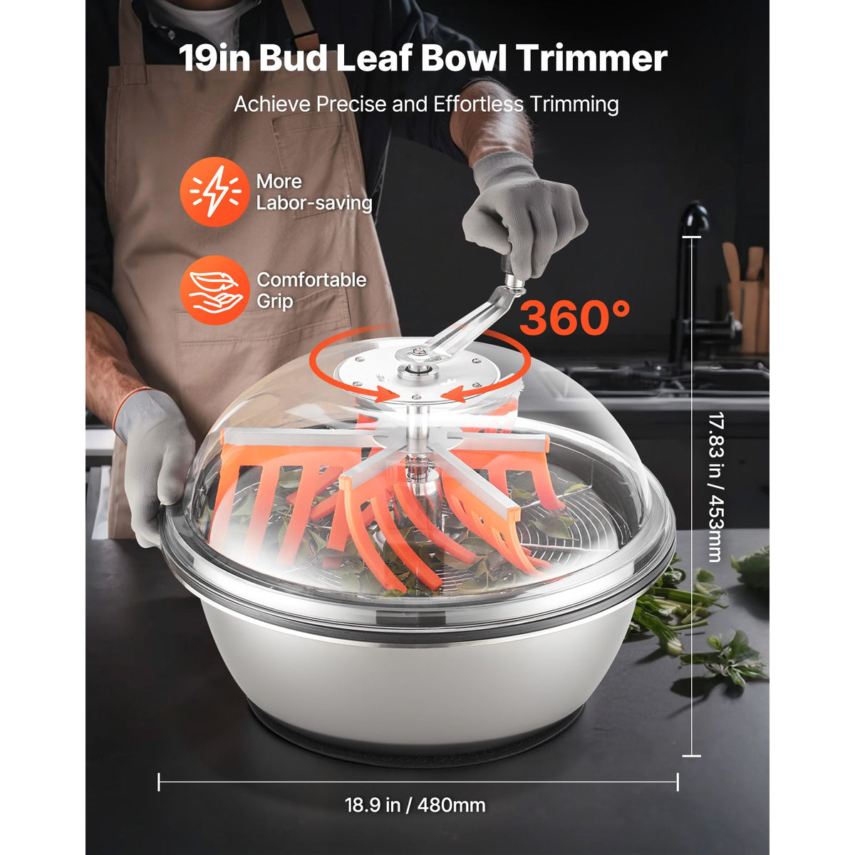 Bud Leaf Bowl Trimmer, 490 mm Manual Bud Trimmer, with Sharp Stainless Steel Blades, Visual Cutting, Wet & Dry Hydroponic Cutting Machine, Twisted Spin Cut for Plants Leaves Buds Flowers