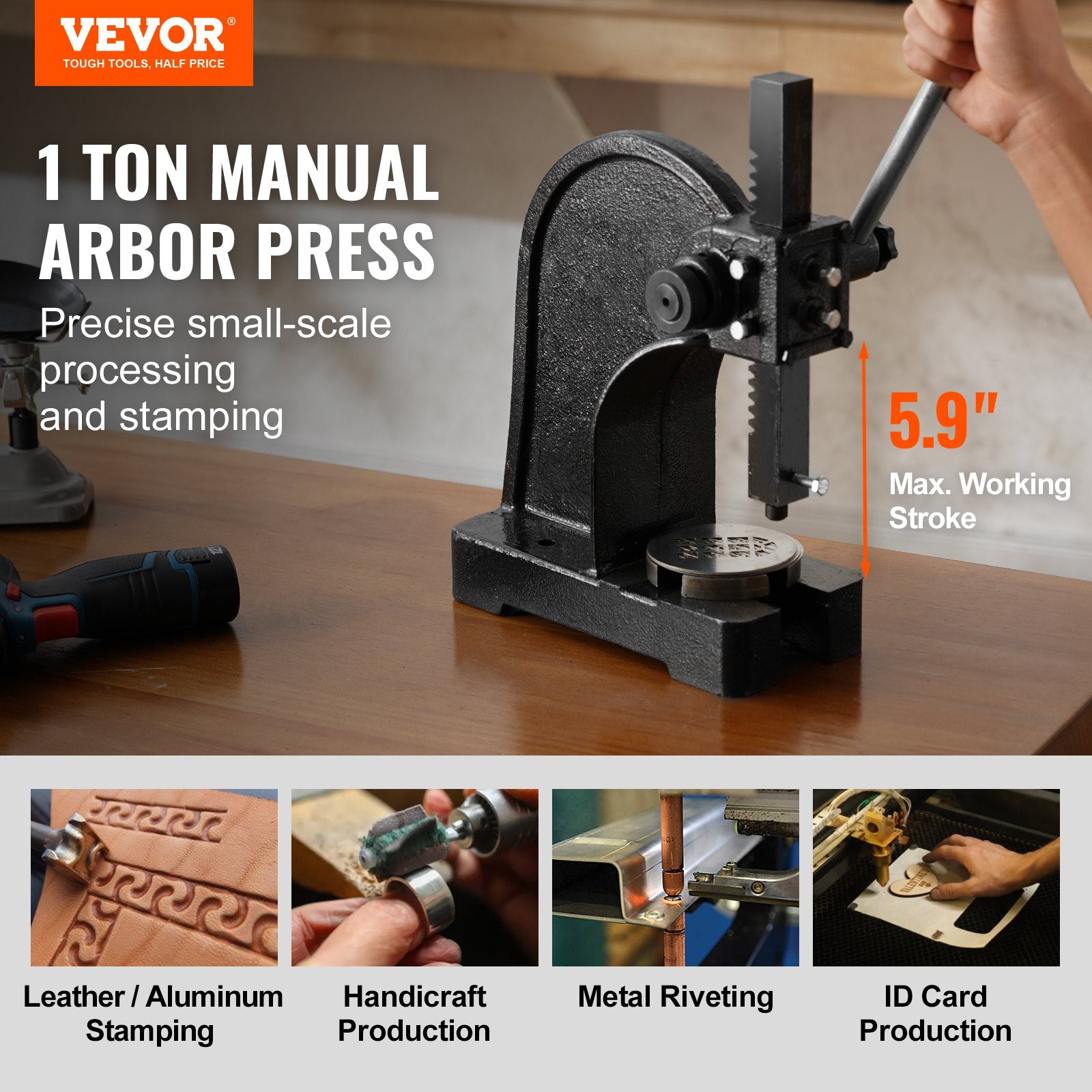 Saw Accessories: VEVOR Arbor Press, 1 Ton Manual Arbor Press, 5.9" Maximum Height, Cast Iron Heavy-duty Manual Desktop Arbor Press, Precision Hand Press for Stamping, Bending, Stretching, Forming