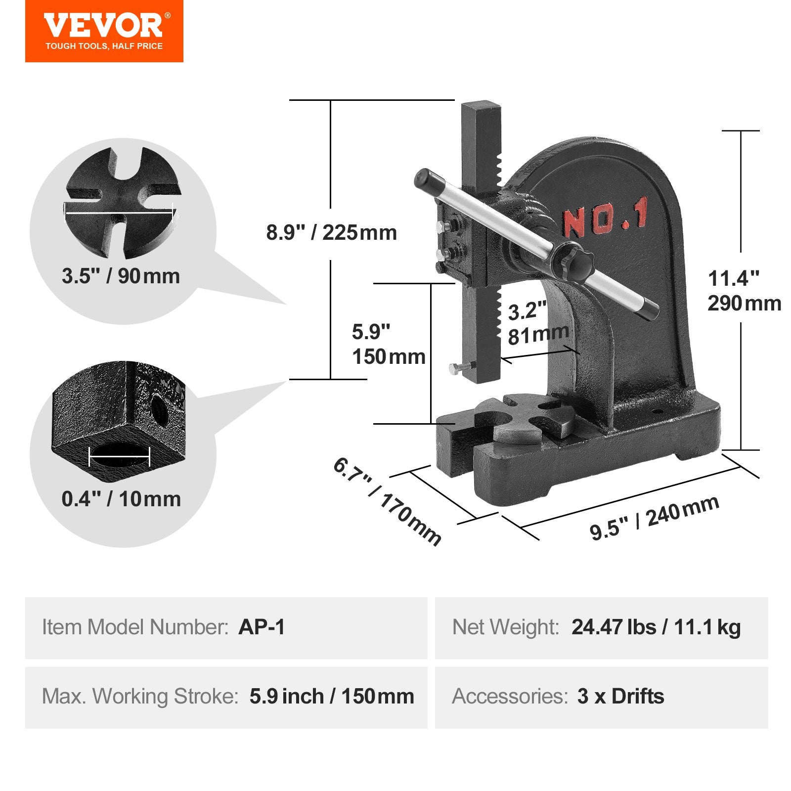 Saw Accessories: VEVOR Arbor Press, 1 Ton Manual Arbor Press, 5.9" Maximum Height, Cast Iron Heavy-duty Manual Desktop Arbor Press, Precision Hand Press for Stamping, Bending, Stretching, Forming