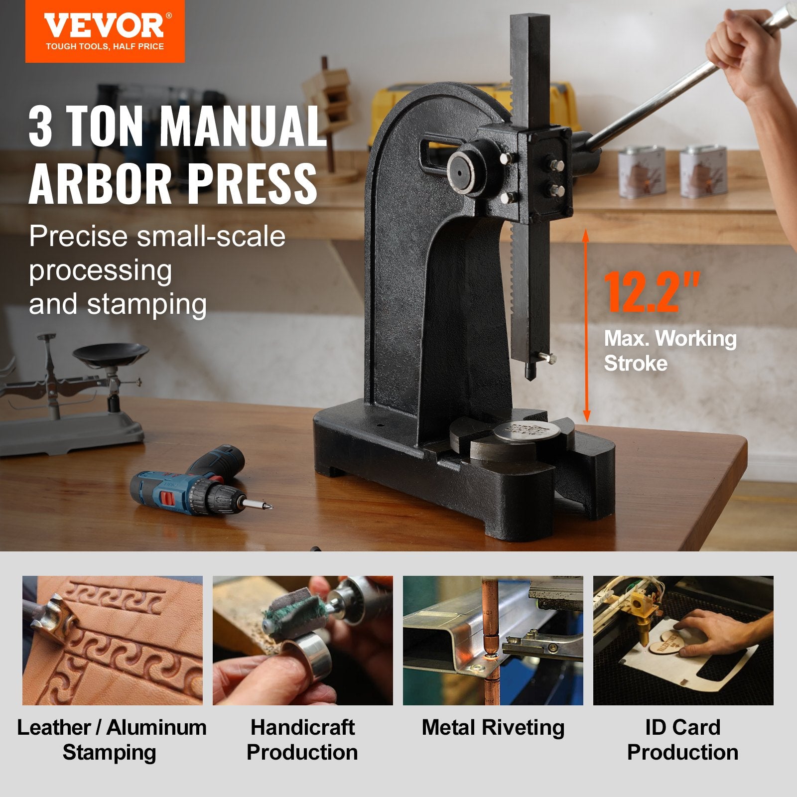 Saw Accessories: VEVOR Arbor Press, 3 Ton Manual Arbor Press, 30.99" Maximum Height, Cast Iron Heavy-duty Manual Desktop Arbor Press, Precision Hand Press for Stamping, Bending, Stretching, Forming