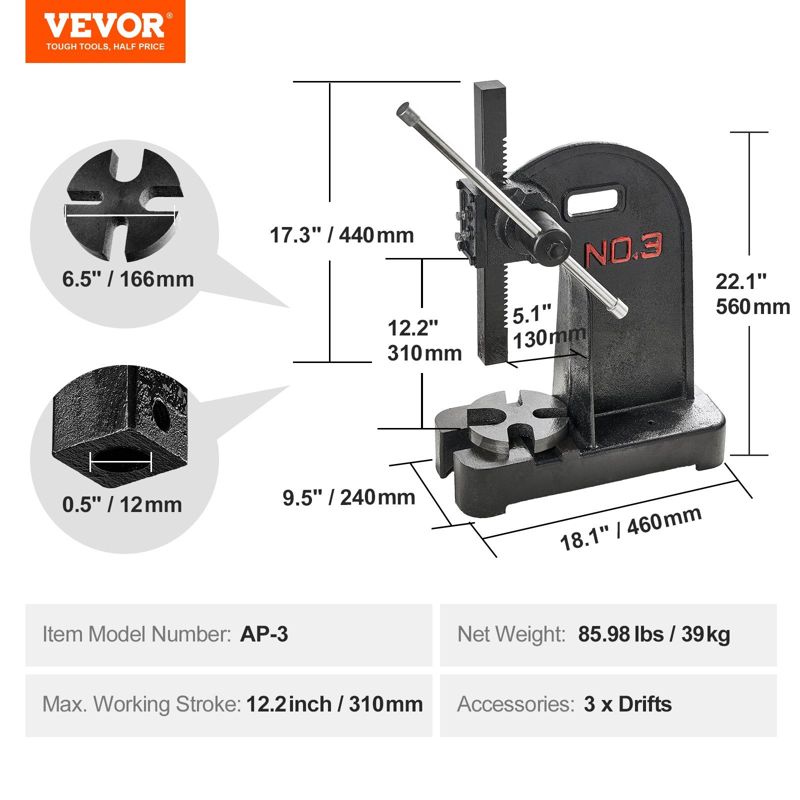 Saw Accessories: VEVOR Arbor Press, 3 Ton Manual Arbor Press, 30.99" Maximum Height, Cast Iron Heavy-duty Manual Desktop Arbor Press, Precision Hand Press for Stamping, Bending, Stretching, Forming