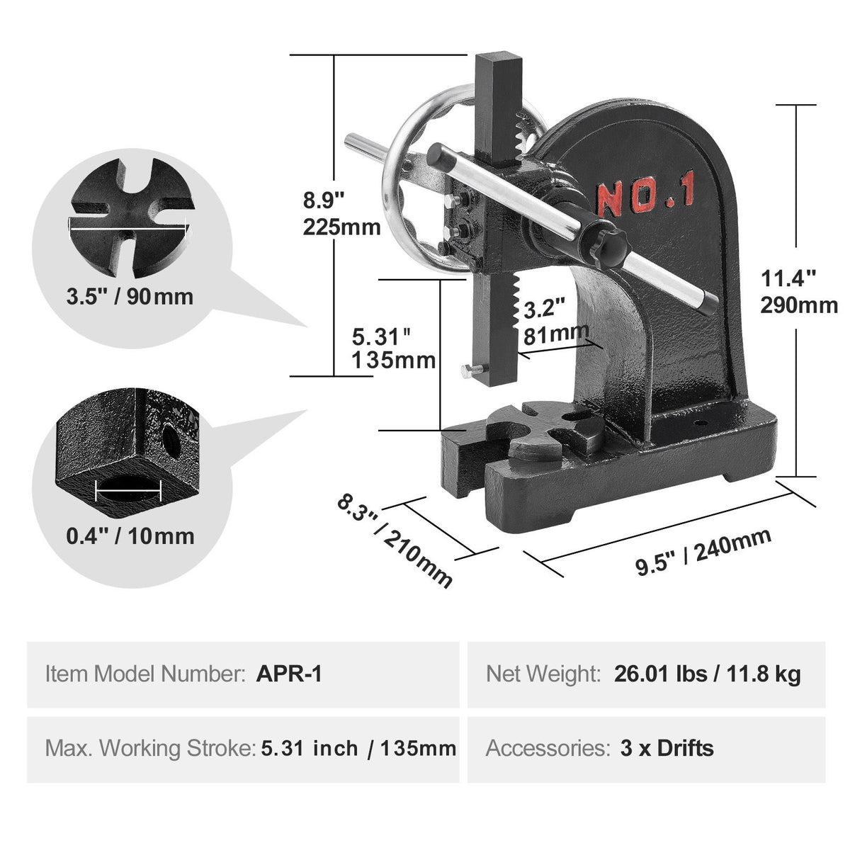 Arbor Press, 1 Ton Manual Arbor Press with Handwheel, 15cm Maximum Height, Cast Iron Heavy-duty Manual Desktop Arbor Press, Precision Hand Press for Stamping, Bending, Stretching, Forming