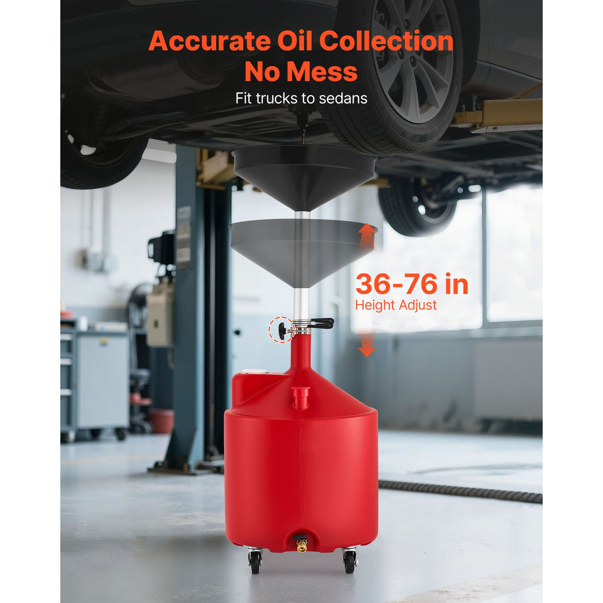 68L Waste Oil Drain Tank, Industrial Fluid Drain Tank with Adjustable Funnel Height, Portable Oil Drainer with Wheels, Fluid Fuel Transfer Drainage for Auto Repair Shops, Garages, Red