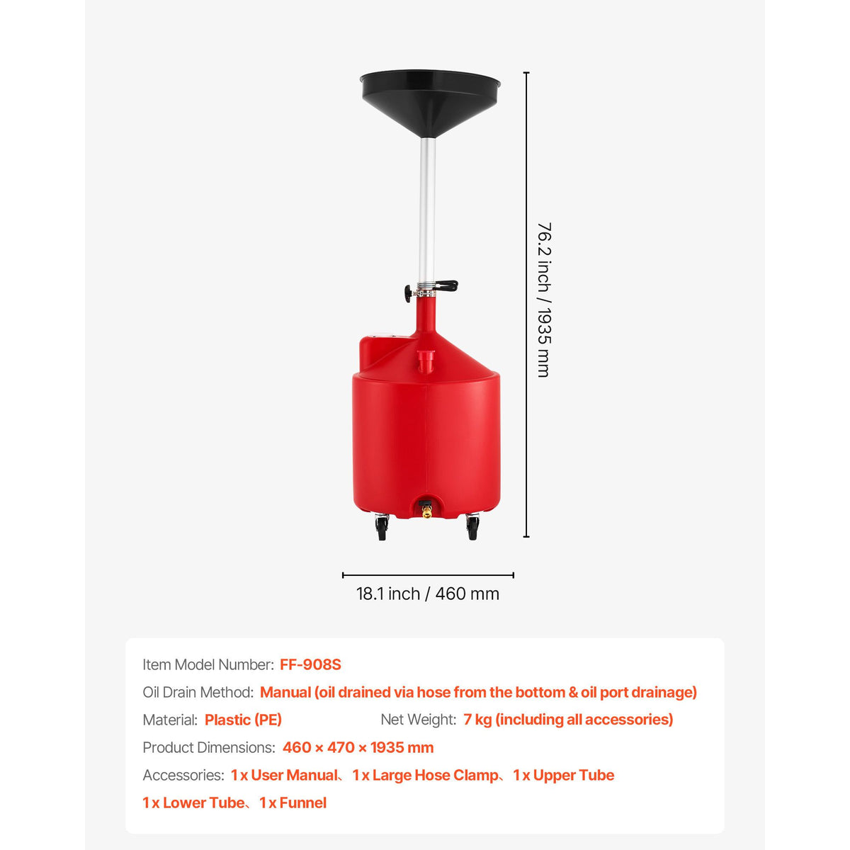 68L Waste Oil Drain Tank, Industrial Fluid Drain Tank with Adjustable Funnel Height, Portable Oil Drainer with Wheels, Fluid Fuel Transfer Drainage for Auto Repair Shops, Garages, Red