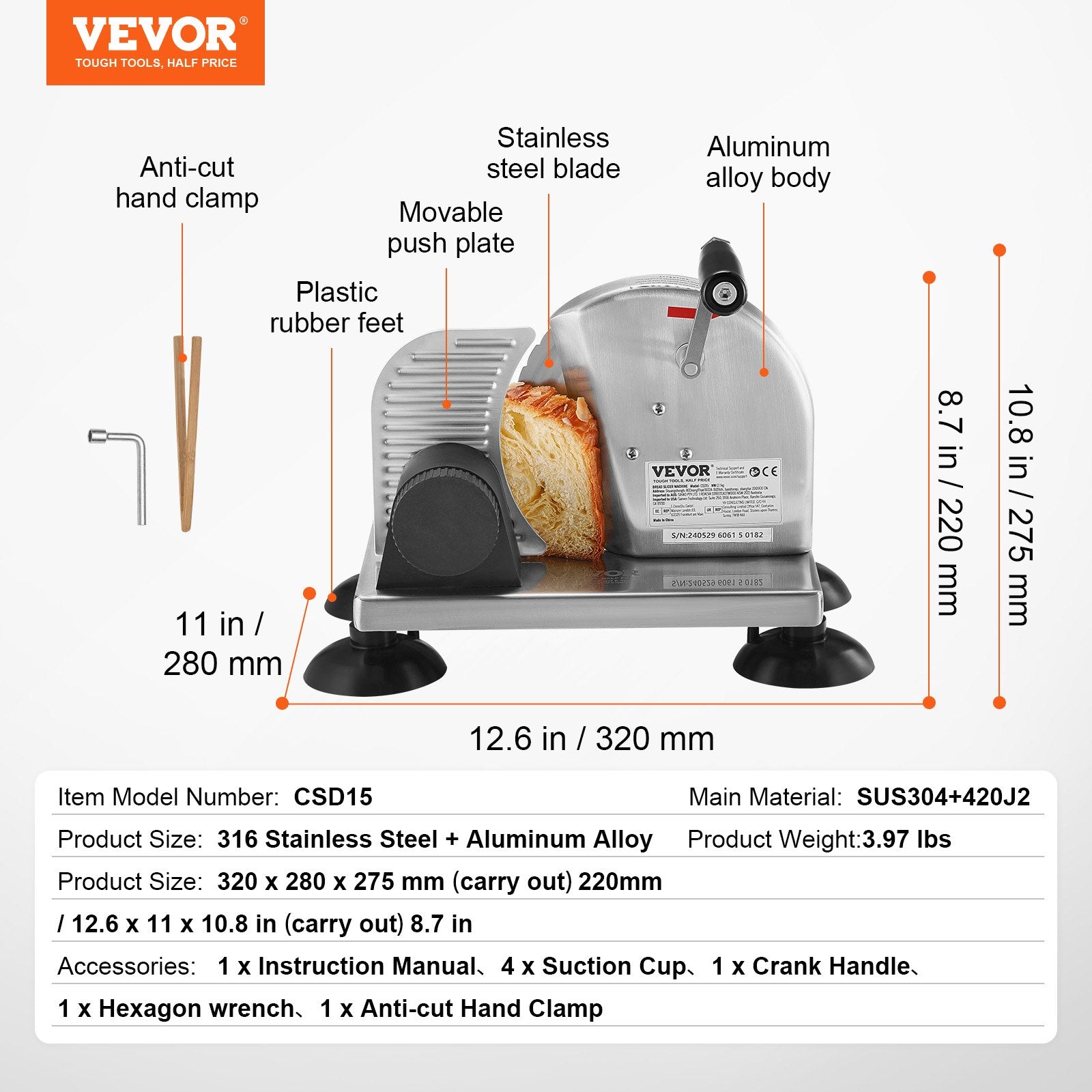 Manual Bread Slicer 0-6" Cheeser Butter Cutting for Kitchen Restaurant