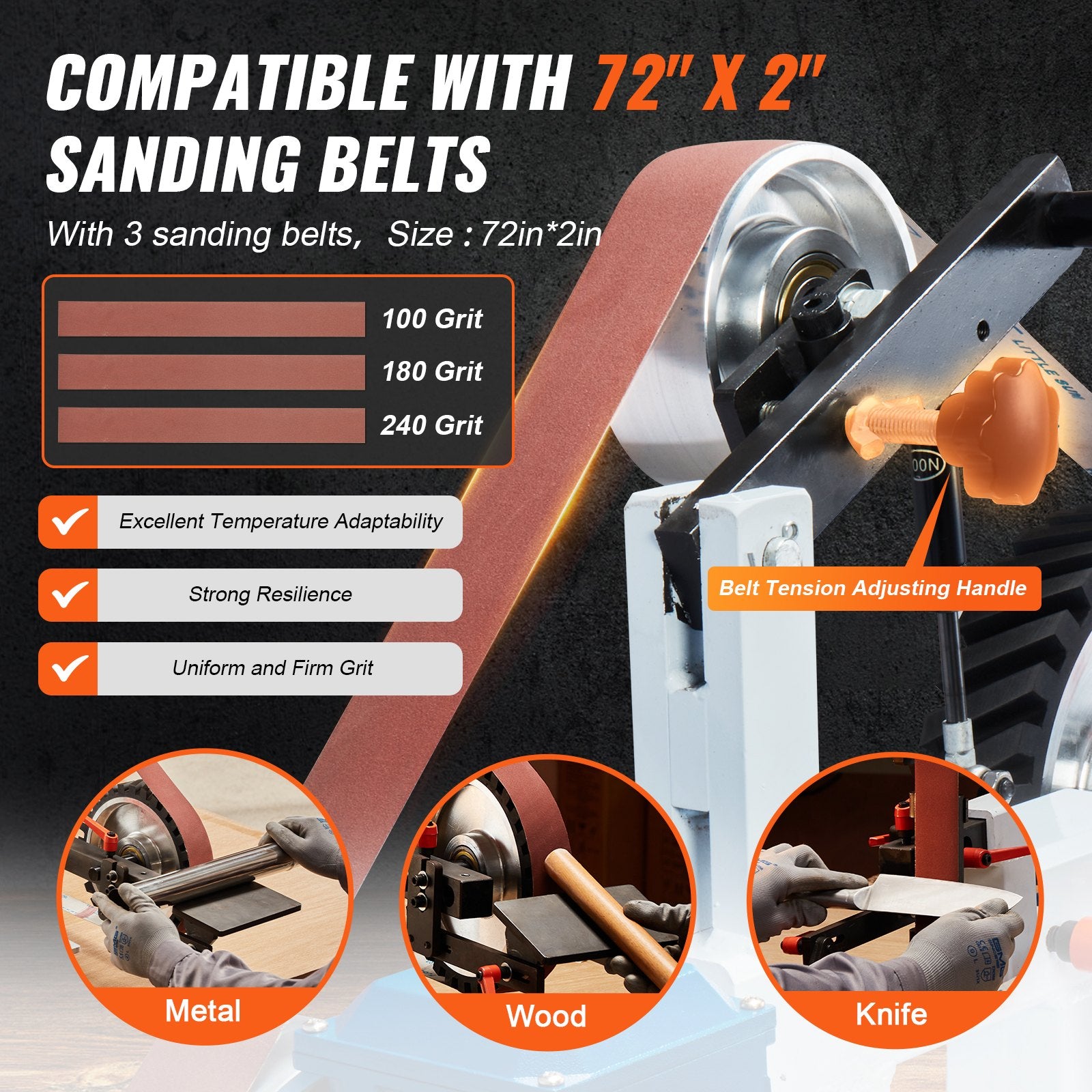 Sanding Accessories: VEVOR Belt Grinder Sander, 72 x 2-Inch Variable Speed Belt Polisher with VFD, 1500W 2HP Polishing Grinding Machine with 3 Grinding Moulds & 3PCS Sanding Belts for Metalworking, Knife Making