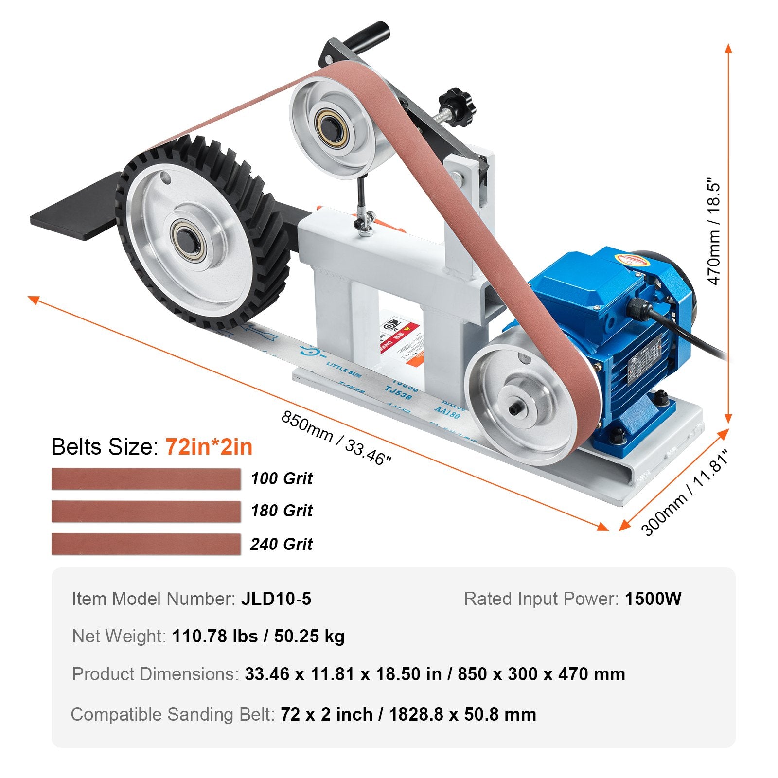 Sanding Accessories: VEVOR Belt Grinder Sander, 72 x 2-Inch Variable Speed Belt Polisher with VFD, 1500W 2HP Polishing Grinding Machine with 3 Grinding Moulds & 3PCS Sanding Belts for Metalworking, Knife Making