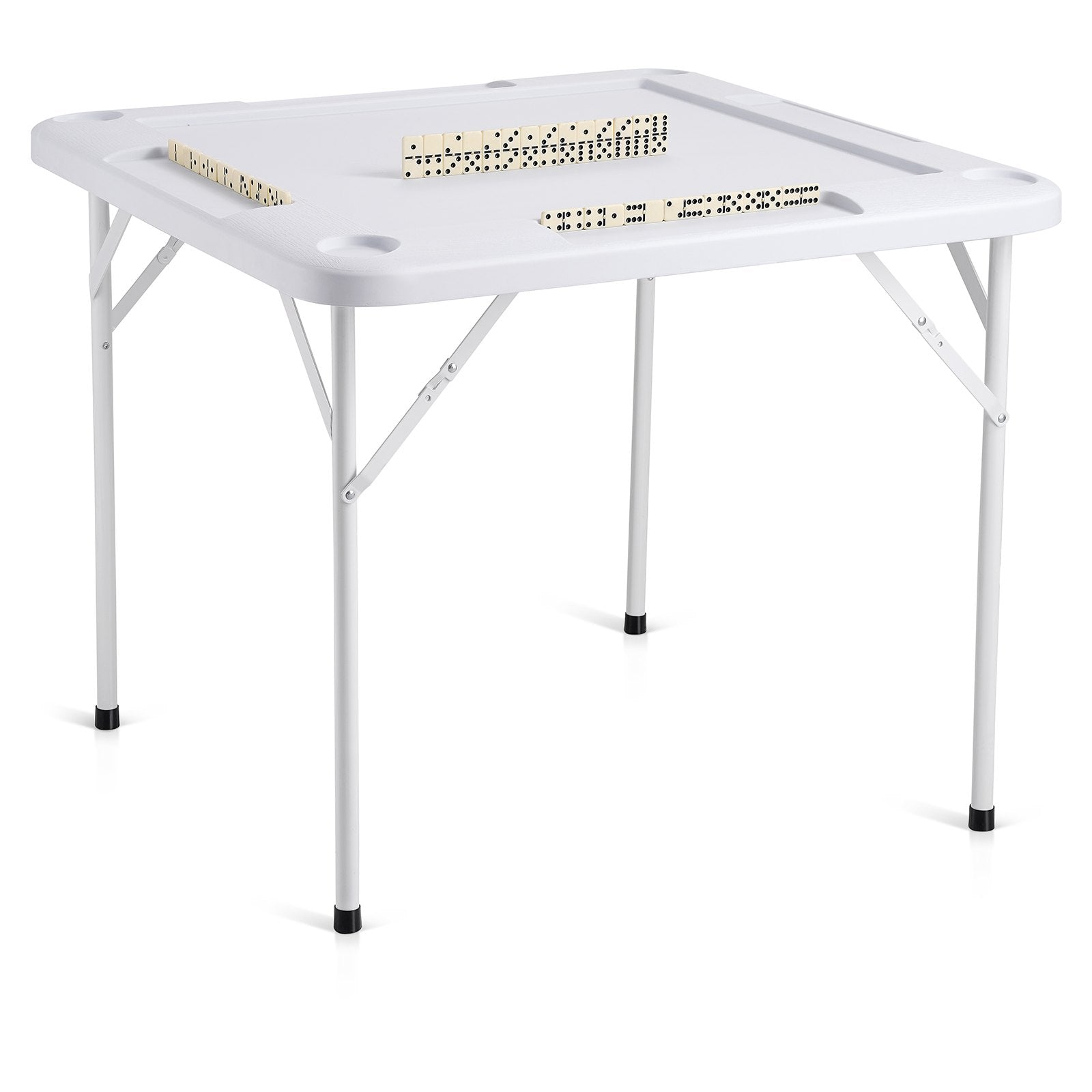 Activity Games: VEVOR Mahjong Table, Square 4 Player Folding Card Table with 4 Cup Holders & 4 Chip Trays, Portable Domino Game Table with 1 Set of Dominoes for Mahjong Poker Puzzles, 90 x 90-inch, White