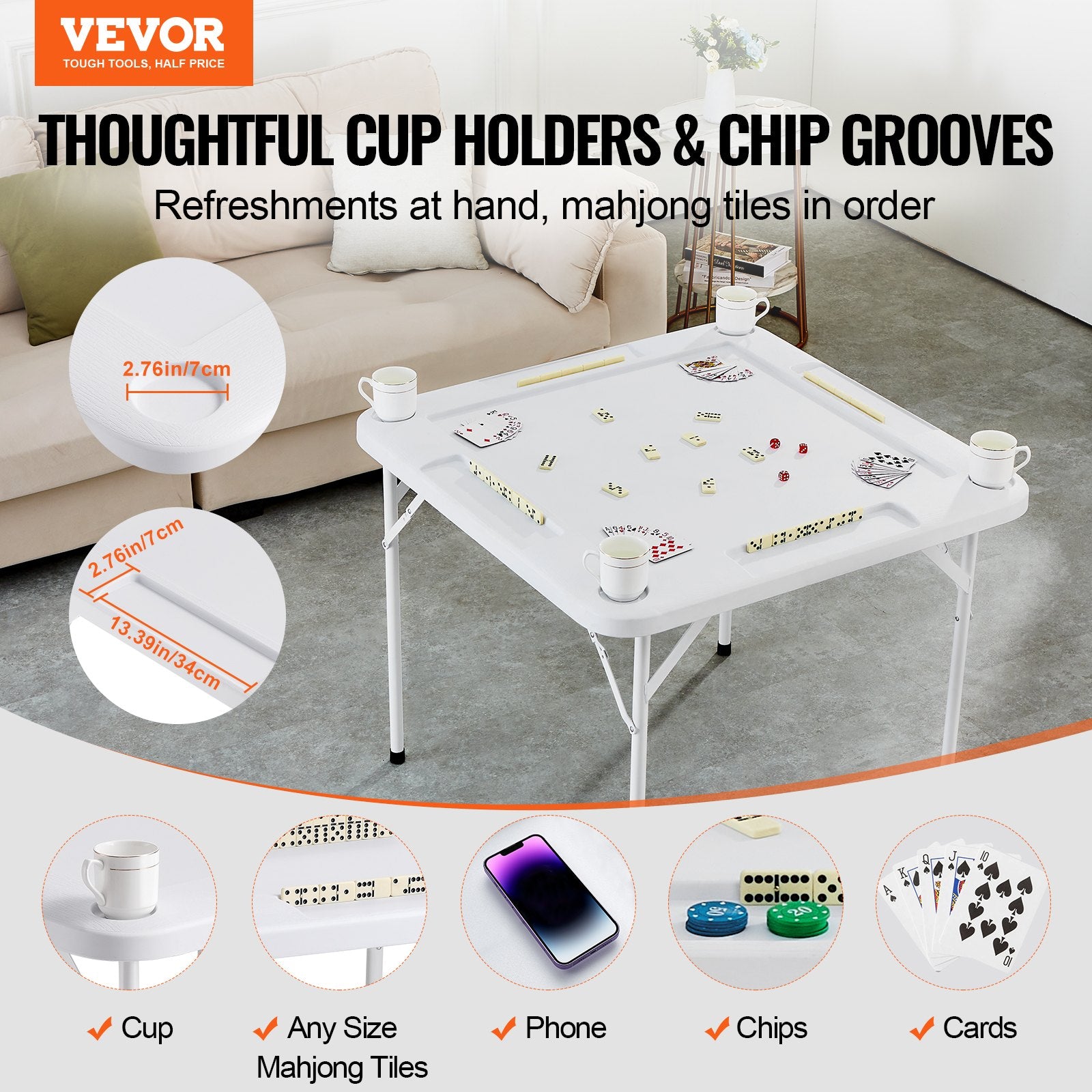 Activity Games: VEVOR Mahjong Table, Square 4 Player Folding Card Table with 4 Cup Holders & 4 Chip Trays, Portable Domino Game Table with 1 Set of Dominoes for Mahjong Poker Puzzles, 90 x 90-inch, White