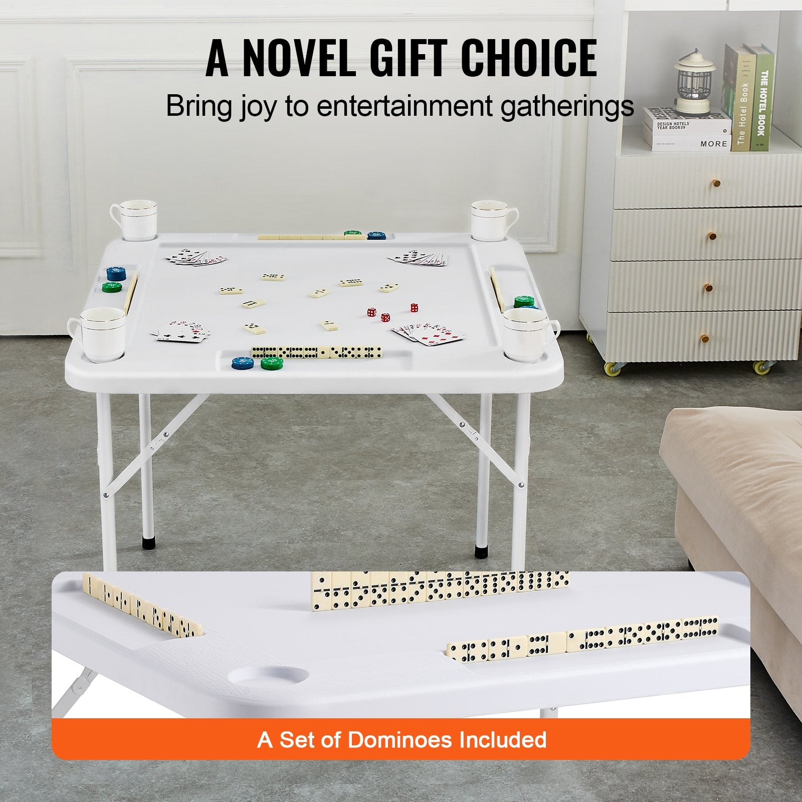 Activity Games: VEVOR Mahjong Table, Square 4 Player Folding Card Table with 4 Cup Holders & 4 Chip Trays, Portable Domino Game Table with 1 Set of Dominoes for Mahjong Poker Puzzles, 90 x 90-inch, White
