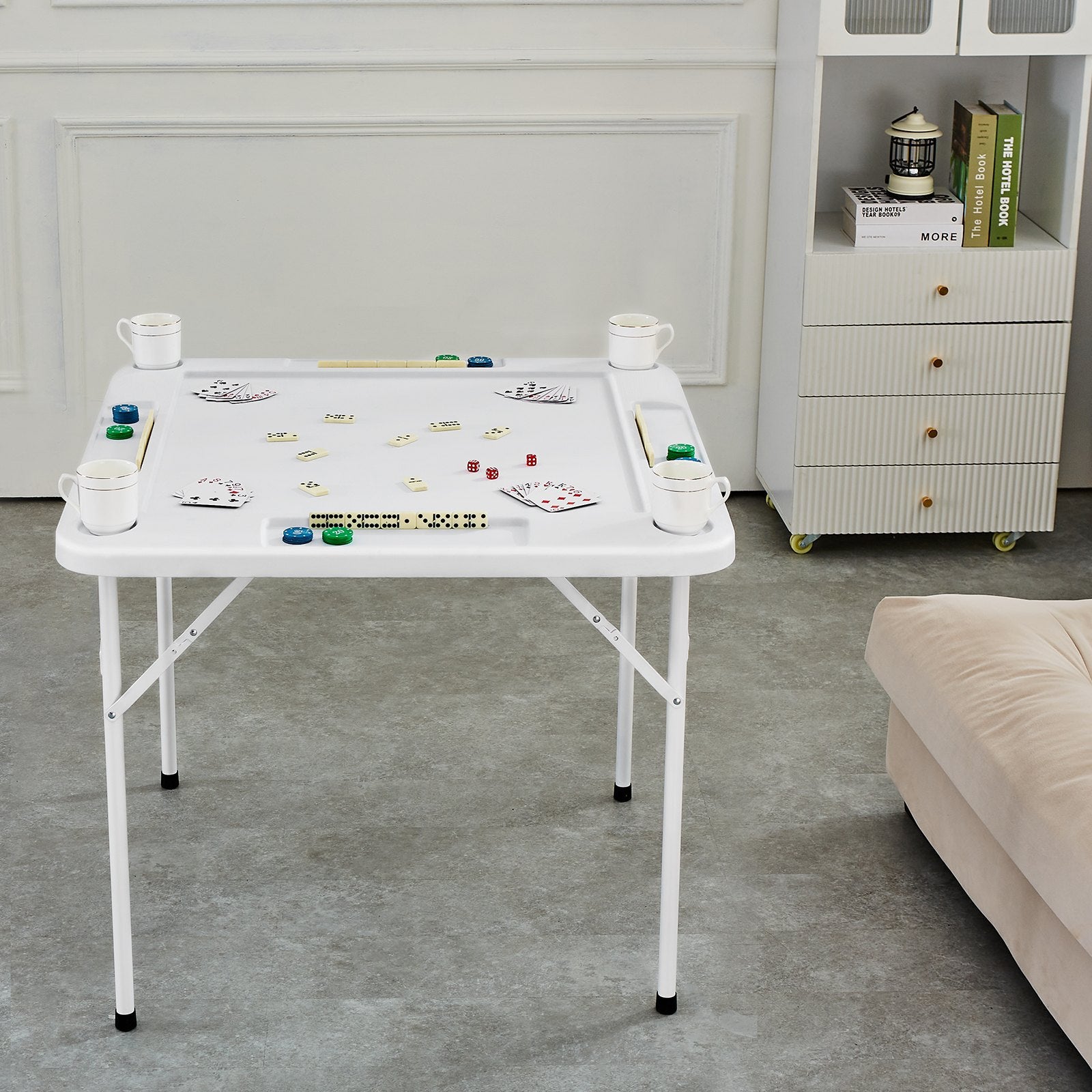 Activity Games: VEVOR Mahjong Table, Square 4 Player Folding Card Table with 4 Cup Holders & 4 Chip Trays, Portable Domino Game Table with 1 Set of Dominoes for Mahjong Poker Puzzles, 90 x 90-inch, White