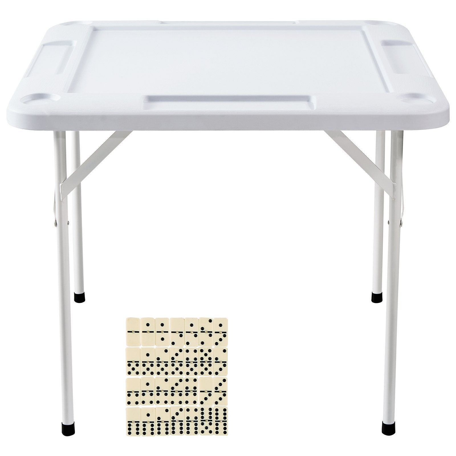 Activity Games: VEVOR Mahjong Table, Square 4 Player Folding Card Table with 4 Cup Holders & 4 Chip Trays, Portable Domino Game Table with 1 Set of Dominoes for Mahjong Poker Puzzles, 90 x 90-inch, White