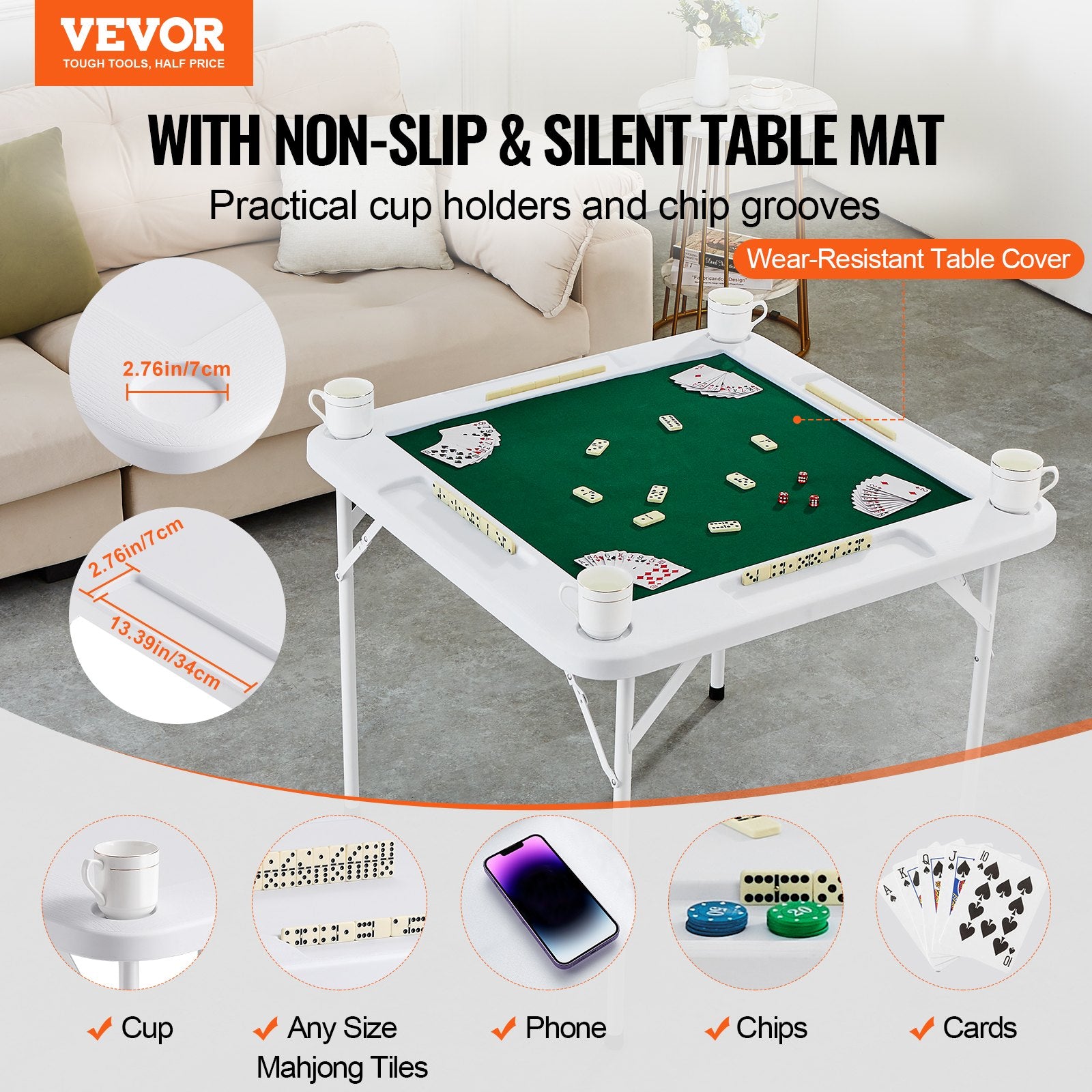 Calendars, Organisers & Planners: VEVOR Mahjong Table, 4 Player Folding Domino Table with Wear-Resistant Green Tabletop, Portable Square Card Table with 4 Cup Holders & 4 Chip Trays for Mahjong Poker Puzzles, 90 x90-inch