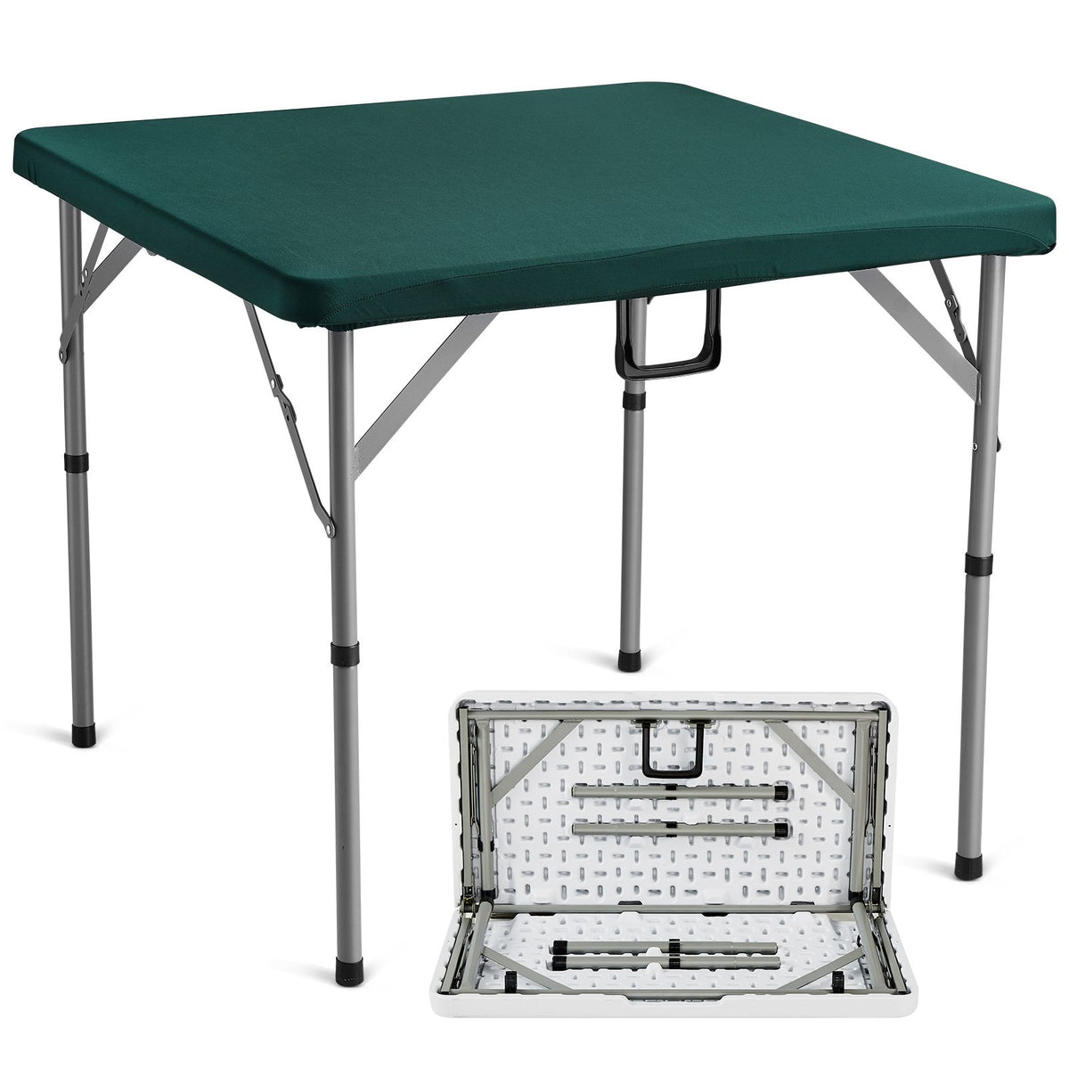 Mahjong Table, Fold-in-Half 4 Player Card Table with Wear-Resistant Green Tabletop, Portable Bi-Folding Square Domino Table with Carrying Handle for Outdoor Camping Picnic Party, 90 x90-inch