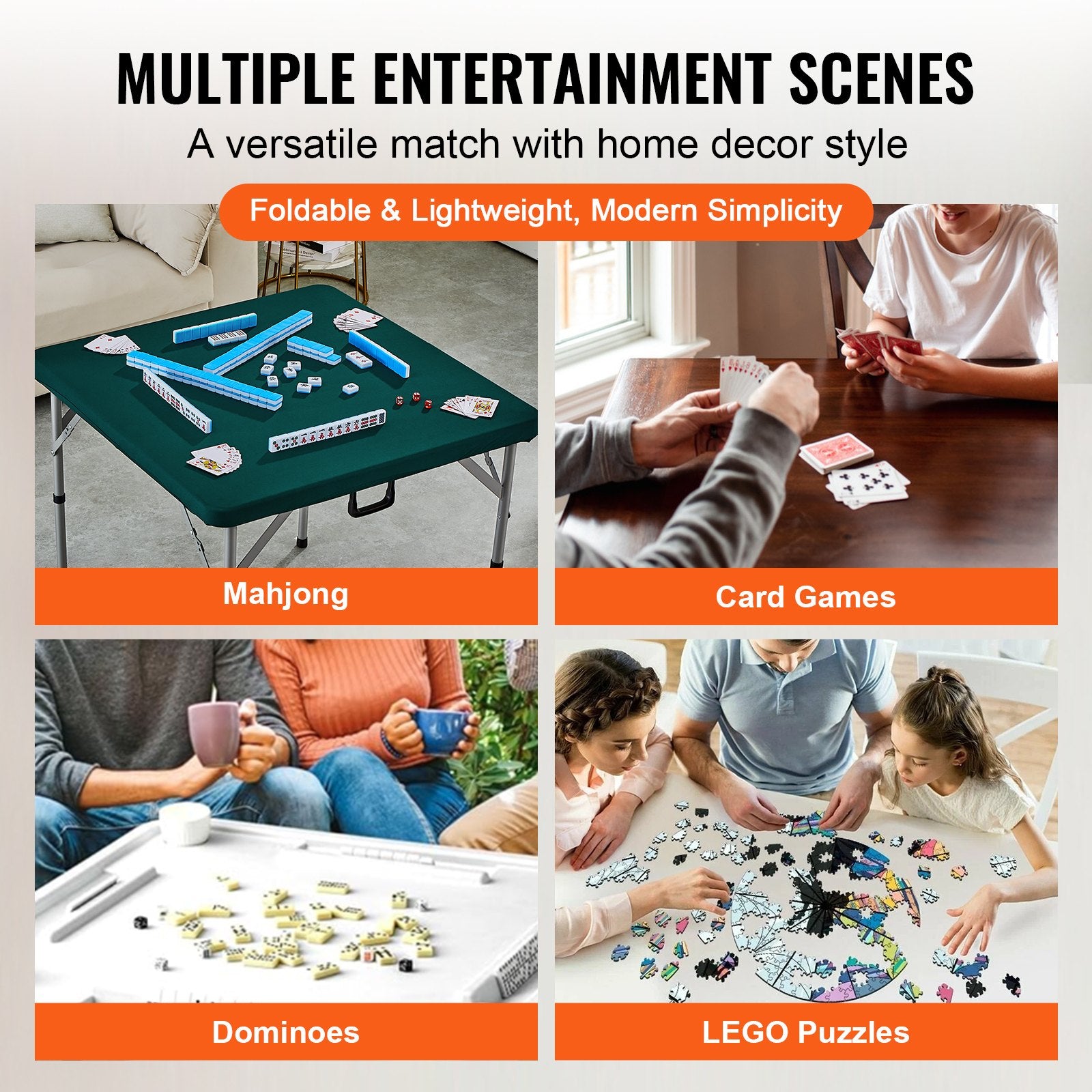 Mahjong Table with Mahjong Tiles Set, Fold-in-Half 4 Player Card Table with 144PCS Majiang Tiles and 3 Dice, Portable Bi-Folding Domino Table with Wear-Resistant Green Tabletop & Carrying Handle