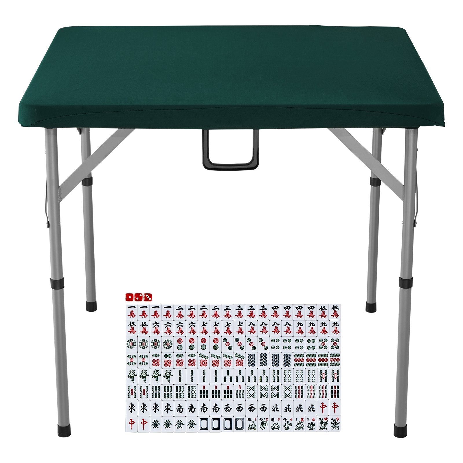 Mahjong Table with Mahjong Tiles Set, Fold-in-Half 4 Player Card Table with 144PCS Majiang Tiles and 3 Dice, Portable Bi-Folding Domino Table with Wear-Resistant Green Tabletop & Carrying Handle