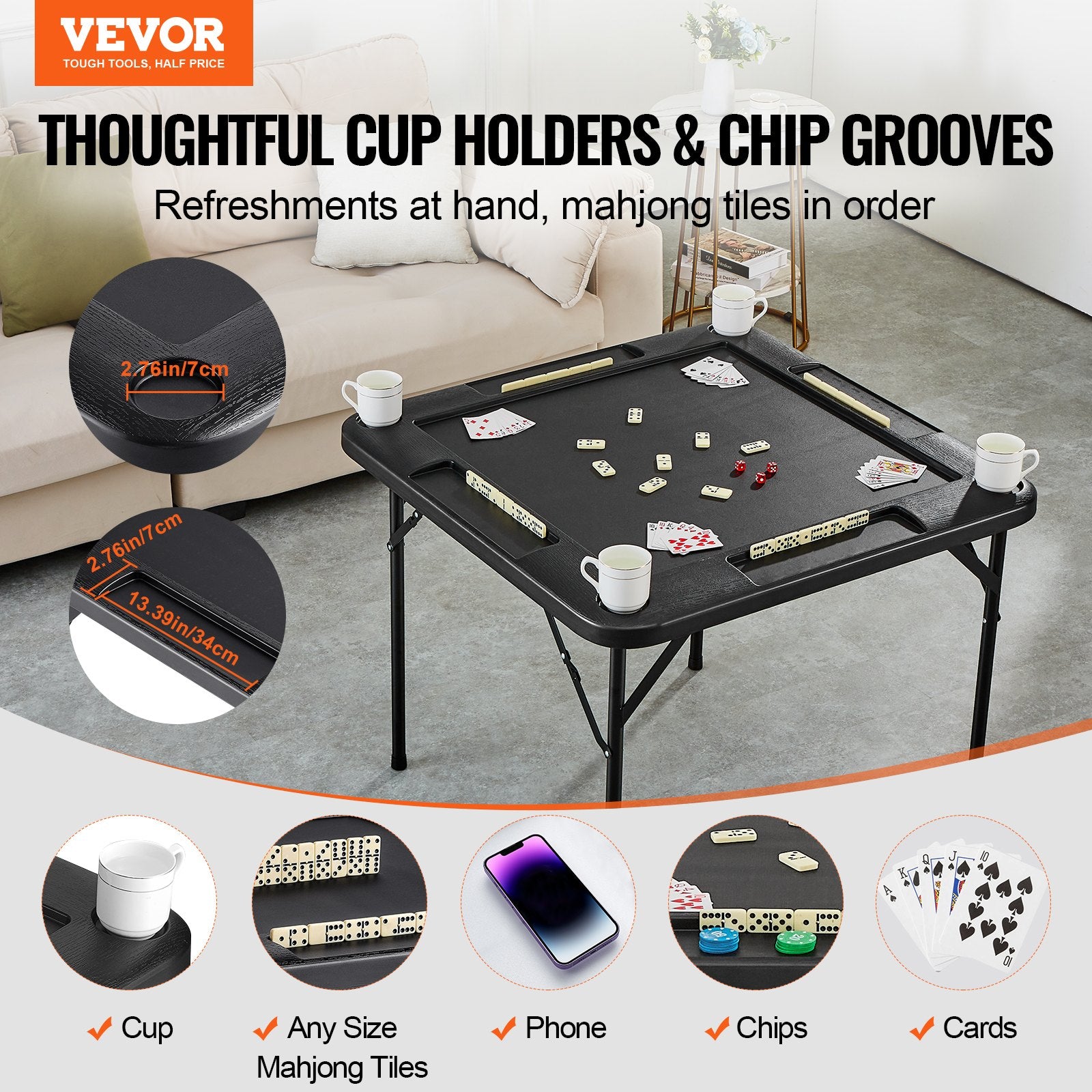 Activity Games: VEVOR Mahjong Table, Square 4 Player Folding Card Table with 4 Cup Holders & 4 Chip Trays, Portable Domino Game Table with 1 Set of Dominoes for Mahjong Poke Puzzles, 90 x 90-inch, Black