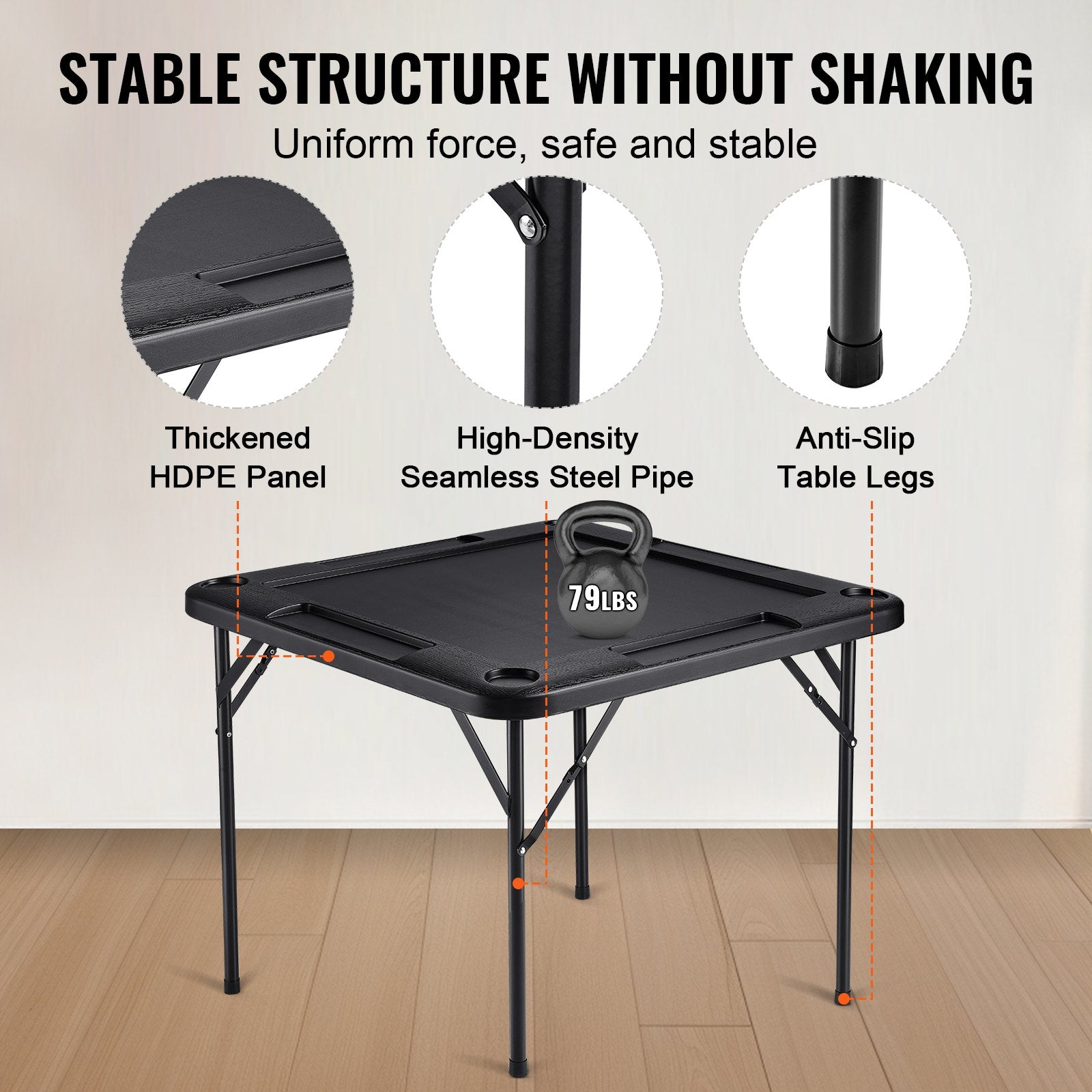 Activity Games: VEVOR Mahjong Table, Square 4 Player Folding Card Table with 4 Cup Holders & 4 Chip Trays, Portable Domino Game Table with 1 Set of Dominoes for Mahjong Poke Puzzles, 90 x 90-inch, Black