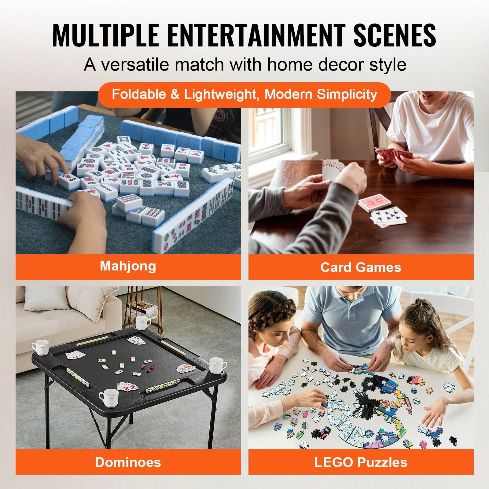 Activity Games: VEVOR Mahjong Table, Square 4 Player Folding Card Table with 4 Cup Holders & 4 Chip Trays, Portable Domino Game Table with 1 Set of Dominoes for Mahjong Poke Puzzles, 90 x 90-inch, Black