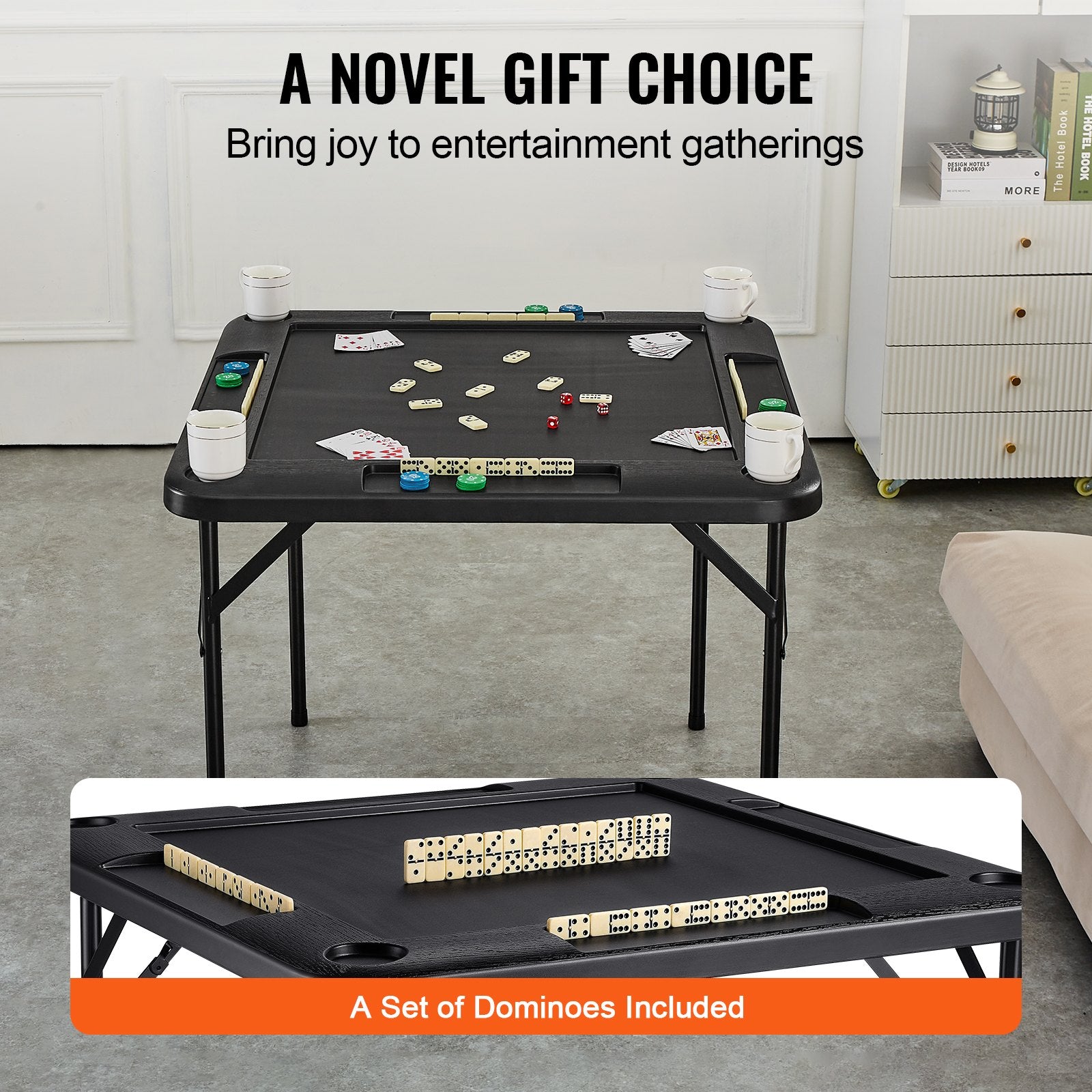Activity Games: VEVOR Mahjong Table, Square 4 Player Folding Card Table with 4 Cup Holders & 4 Chip Trays, Portable Domino Game Table with 1 Set of Dominoes for Mahjong Poke Puzzles, 90 x 90-inch, Black