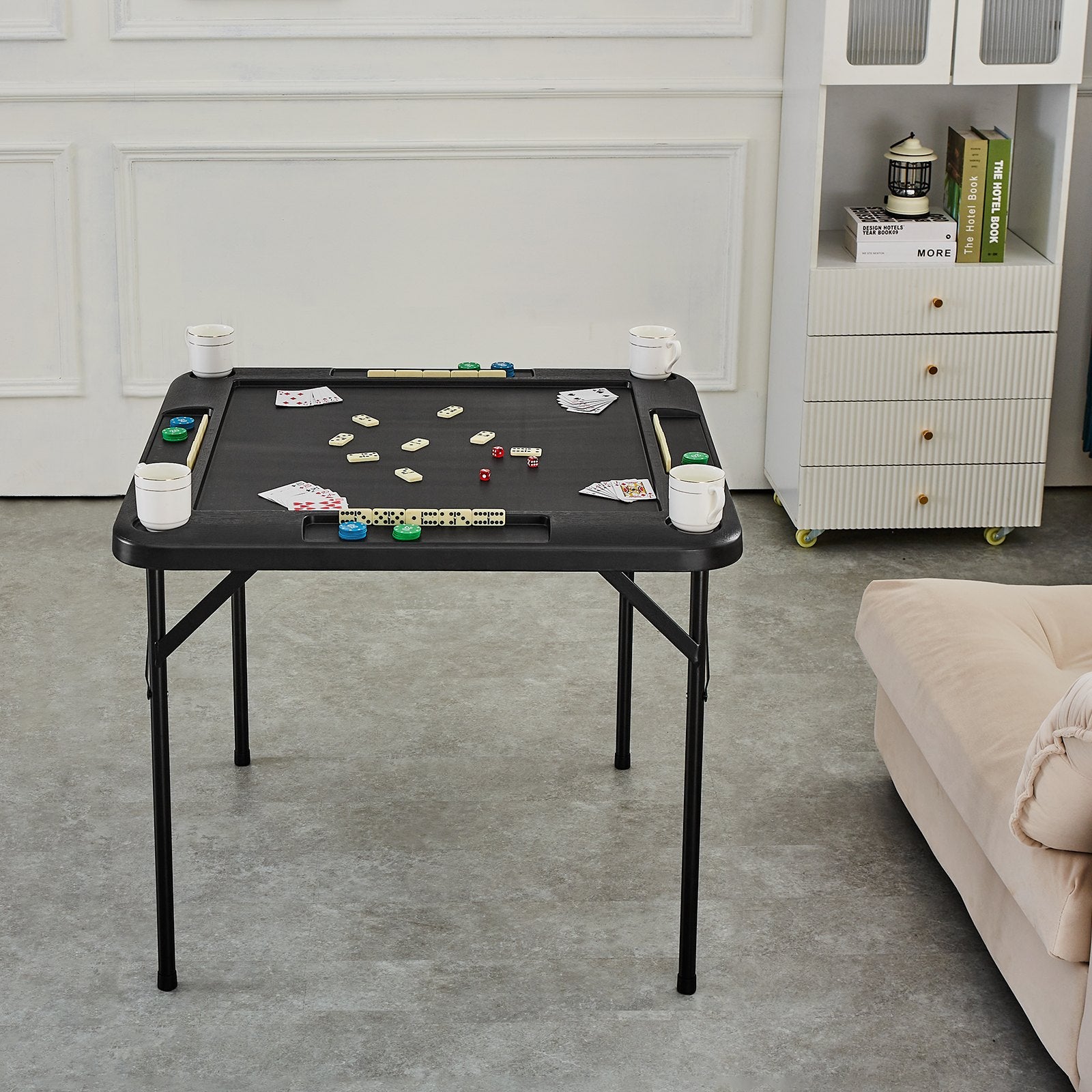 Activity Games: VEVOR Mahjong Table, Square 4 Player Folding Card Table with 4 Cup Holders & 4 Chip Trays, Portable Domino Game Table with 1 Set of Dominoes for Mahjong Poke Puzzles, 90 x 90-inch, Black