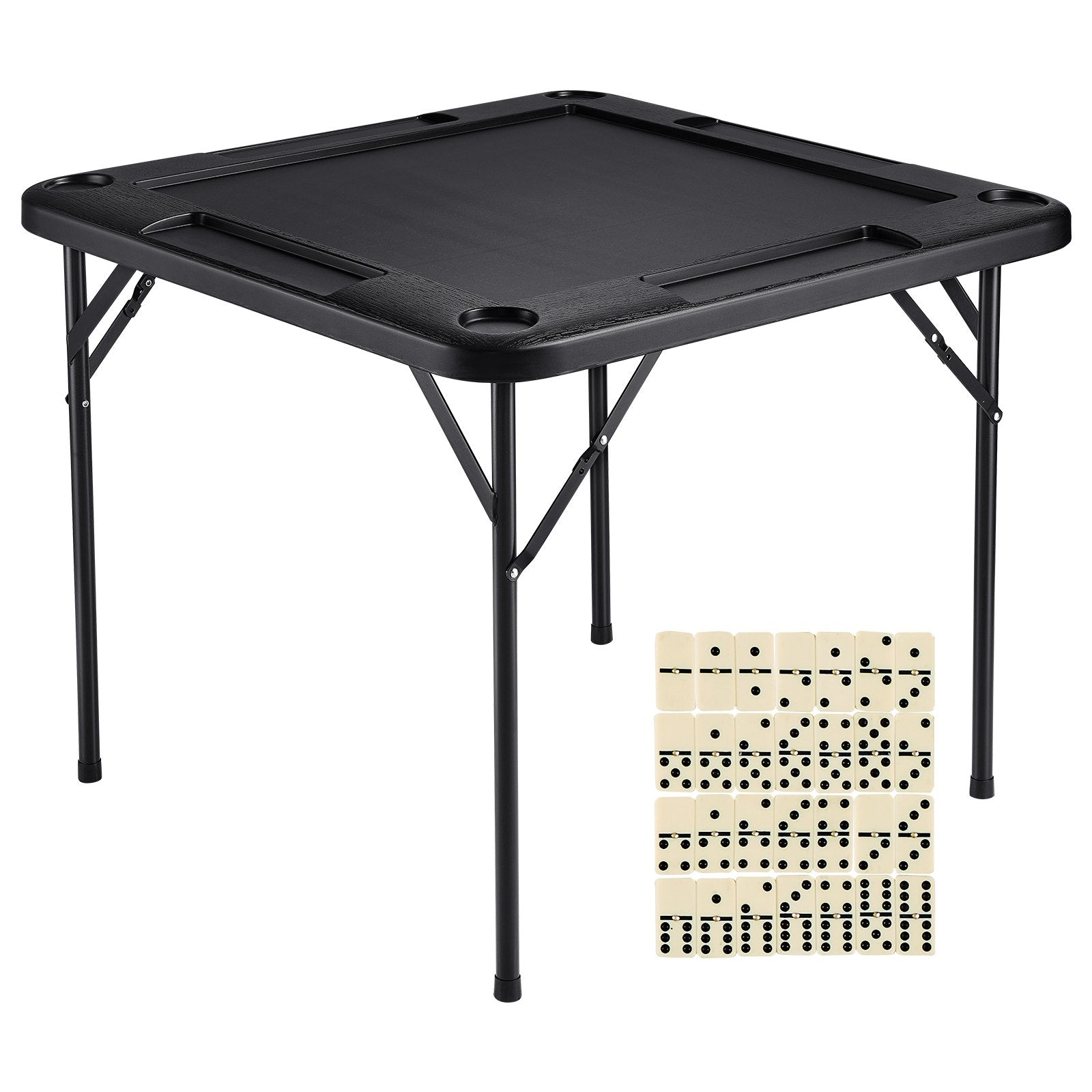 Activity Games: VEVOR Mahjong Table, Square 4 Player Folding Card Table with 4 Cup Holders & 4 Chip Trays, Portable Domino Game Table with 1 Set of Dominoes for Mahjong Poke Puzzles, 90 x 90-inch, Black