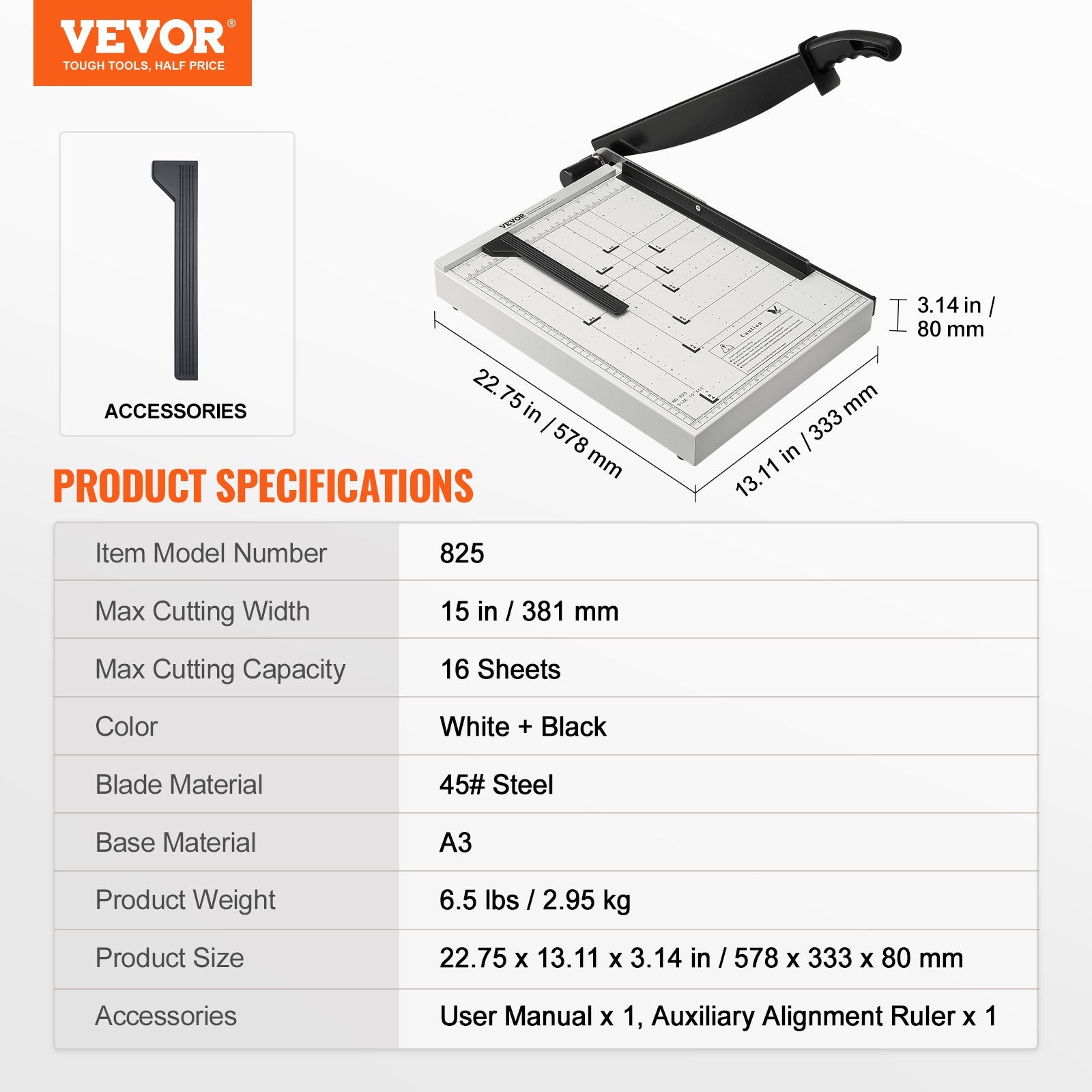 Paper Cutter, Guillotine Trimmer, 381 mm Cut Length, 16 Sheets Capacity, Heavy Duty Guillotine Paper Cutter with Guard Rail/Blade Lock for Cardstock/Cardboard, Paper Trimmer for Home Office