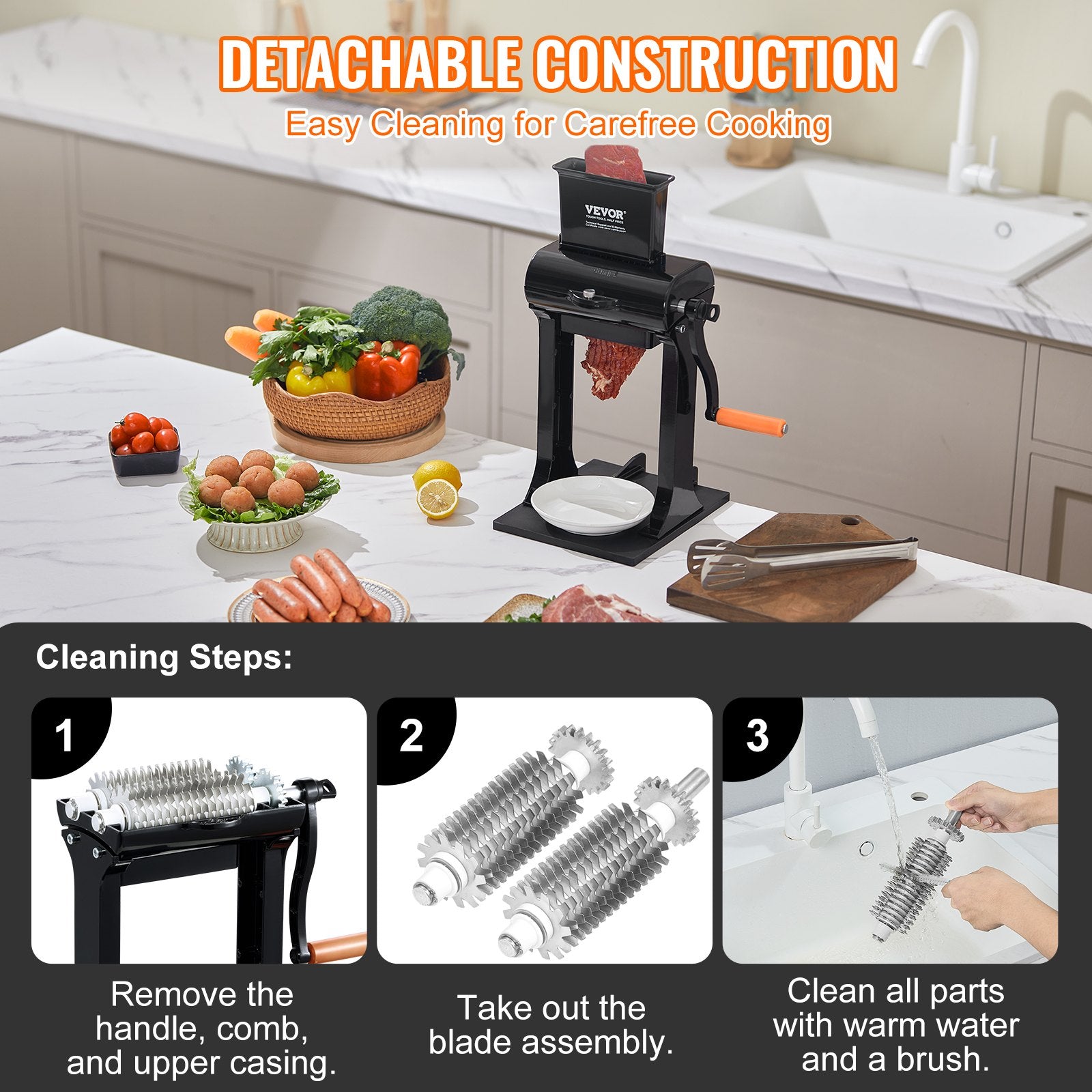 Farm Equipment: VEVOR Commercial Meat Tenderizer, Heavy Duty Stainless Steel Meat Tenderizer Machine, Quick and Easy Manual Operation Kitchen Tool, 148mm Feed Port for Beef, Turkey, Chicken, Pork, Steak, and Fish