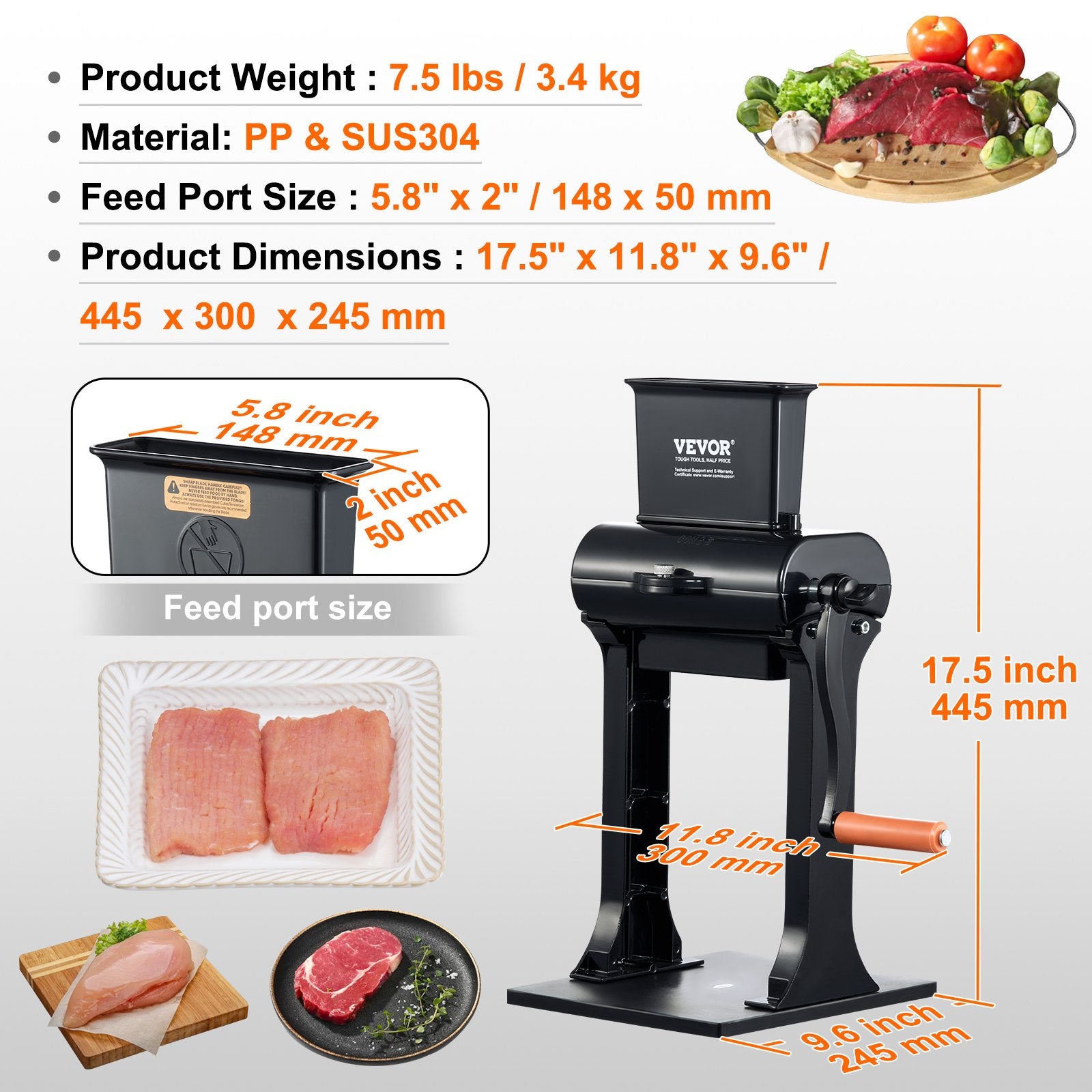 Farm Equipment: VEVOR Commercial Meat Tenderizer, Heavy Duty Stainless Steel Meat Tenderizer Machine, Quick and Easy Manual Operation Kitchen Tool, 148mm Feed Port for Beef, Turkey, Chicken, Pork, Steak, and Fish