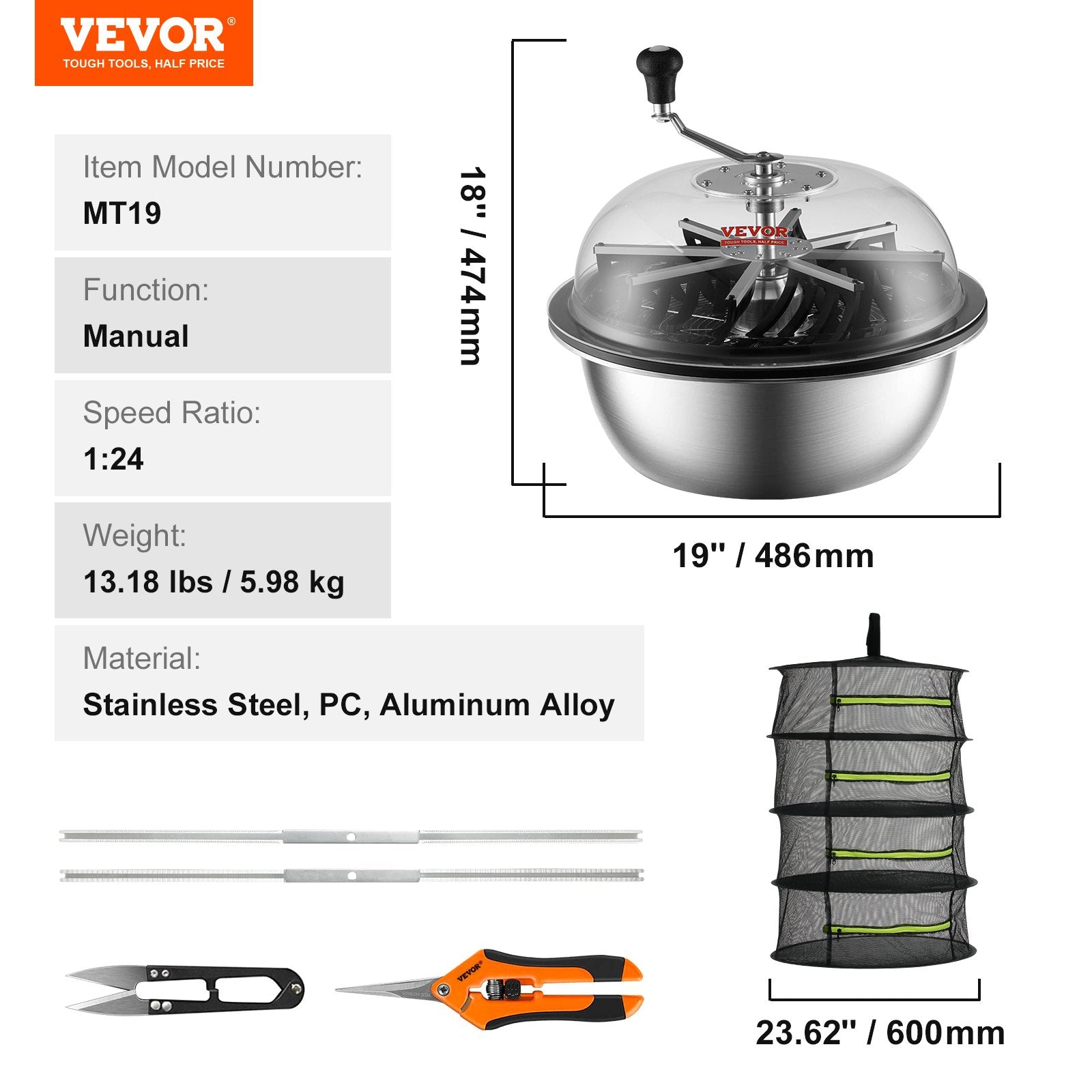 Gardening Tools: VEVOR Leaf Bowl Trimmer 19'' Manual Bud Trimmer with Stainless-Steel Blades
