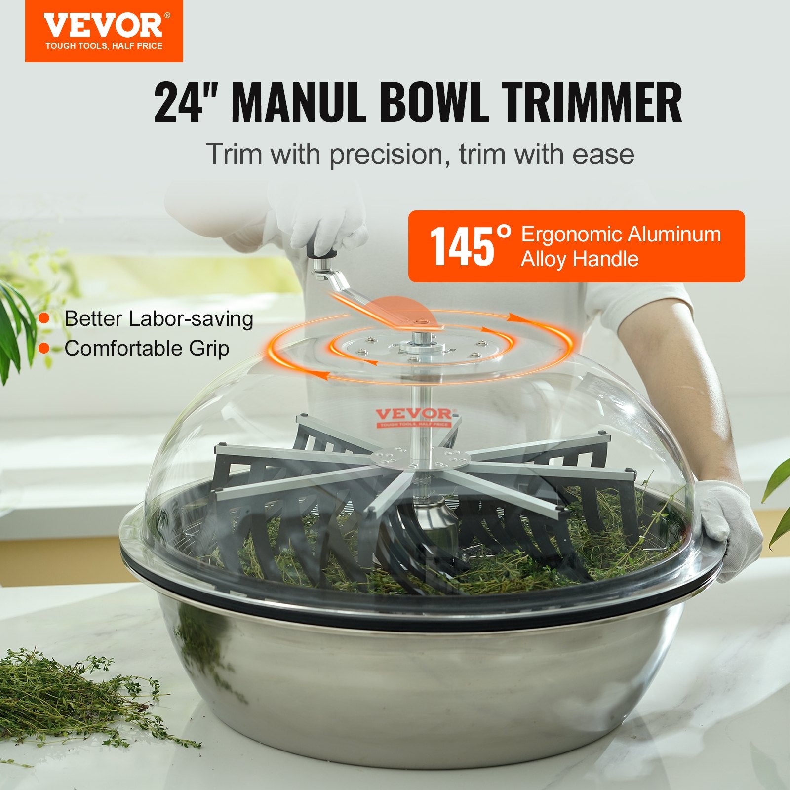 Leaf Bowl Trimmer, 24'' Trimmer Bowl, Manual Bud Trimmer with Stainless-Steel Blades for Twisted Spin Cut, Clear Visibility Dome and Hand Pruner Included, for Cutting Leaves, Buds, Flowers