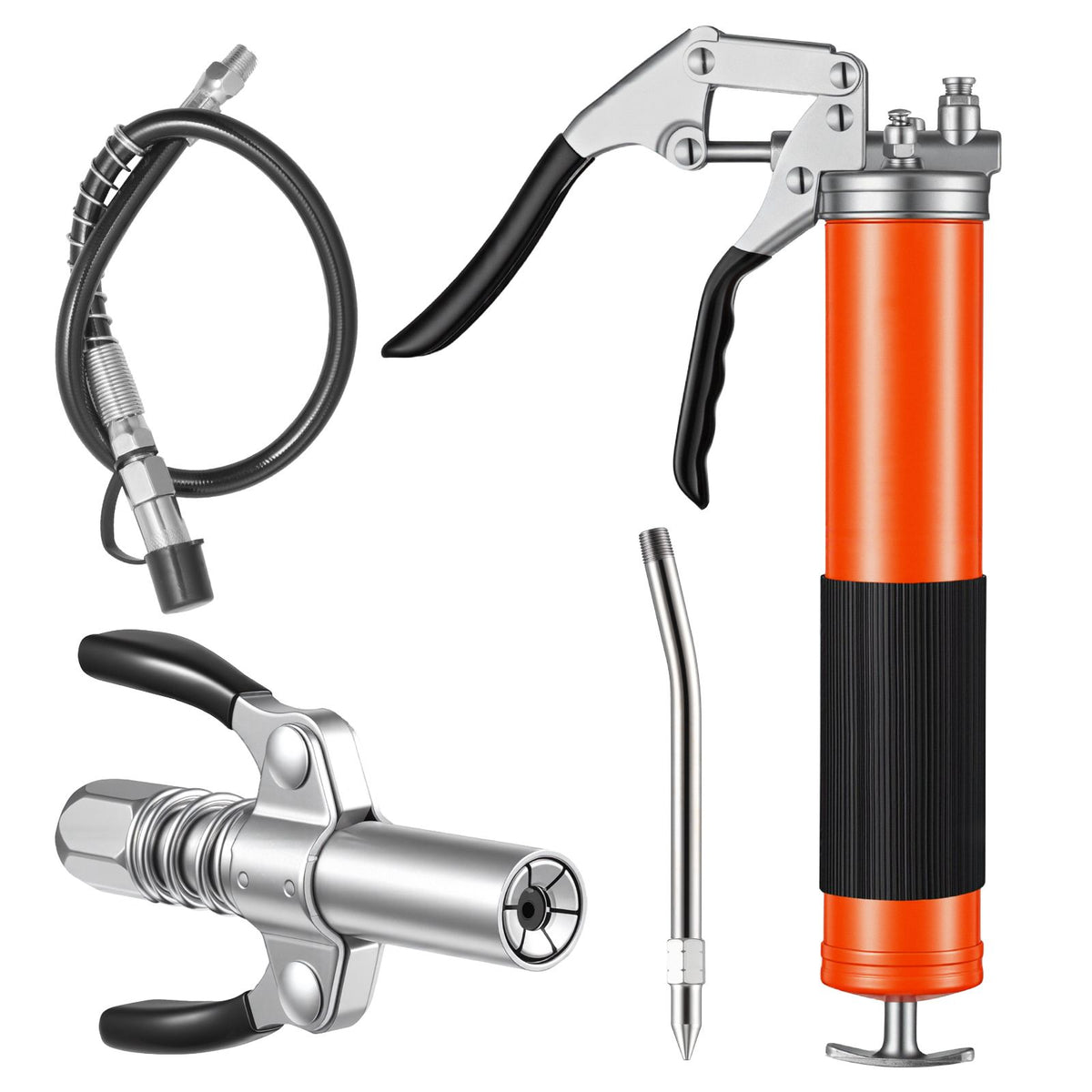 Grease Gun, 8000 PSI, Pistol Grip Grease Gun Kit with 0.4 L Capacity, Includes 46 cm Flex Hose, Double Handle Grease Coupler, Extension Rigid Pipe & Sharp Type Nozzle for Automotive, Marine