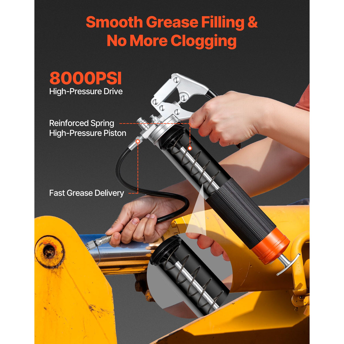 Grease Gun, 8000 PSI, Pistol Grip Grease Gun Kit with 0.4 L Capacity, Includes 46 cm Flex Hose, Double Handle Grease Coupler, Extension Rigid Pipe & Sharp Type Nozzle for Automotive, Marine