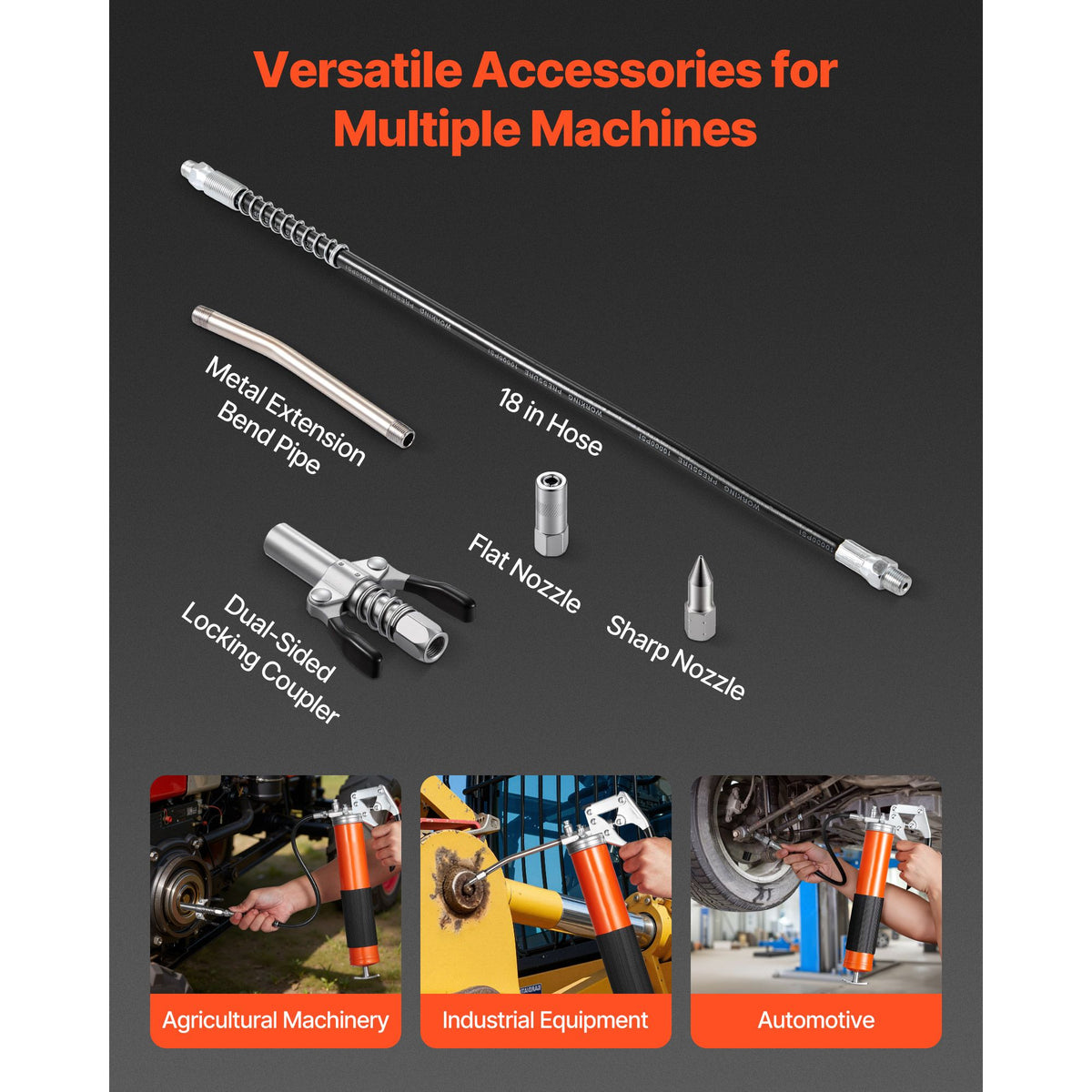 Grease Gun, 8000 PSI, Pistol Grip Grease Gun Kit with 0.4 L Capacity, Includes 46 cm Flex Hose, Double Handle Grease Coupler, Extension Rigid Pipe & Sharp Type Nozzle for Automotive, Marine